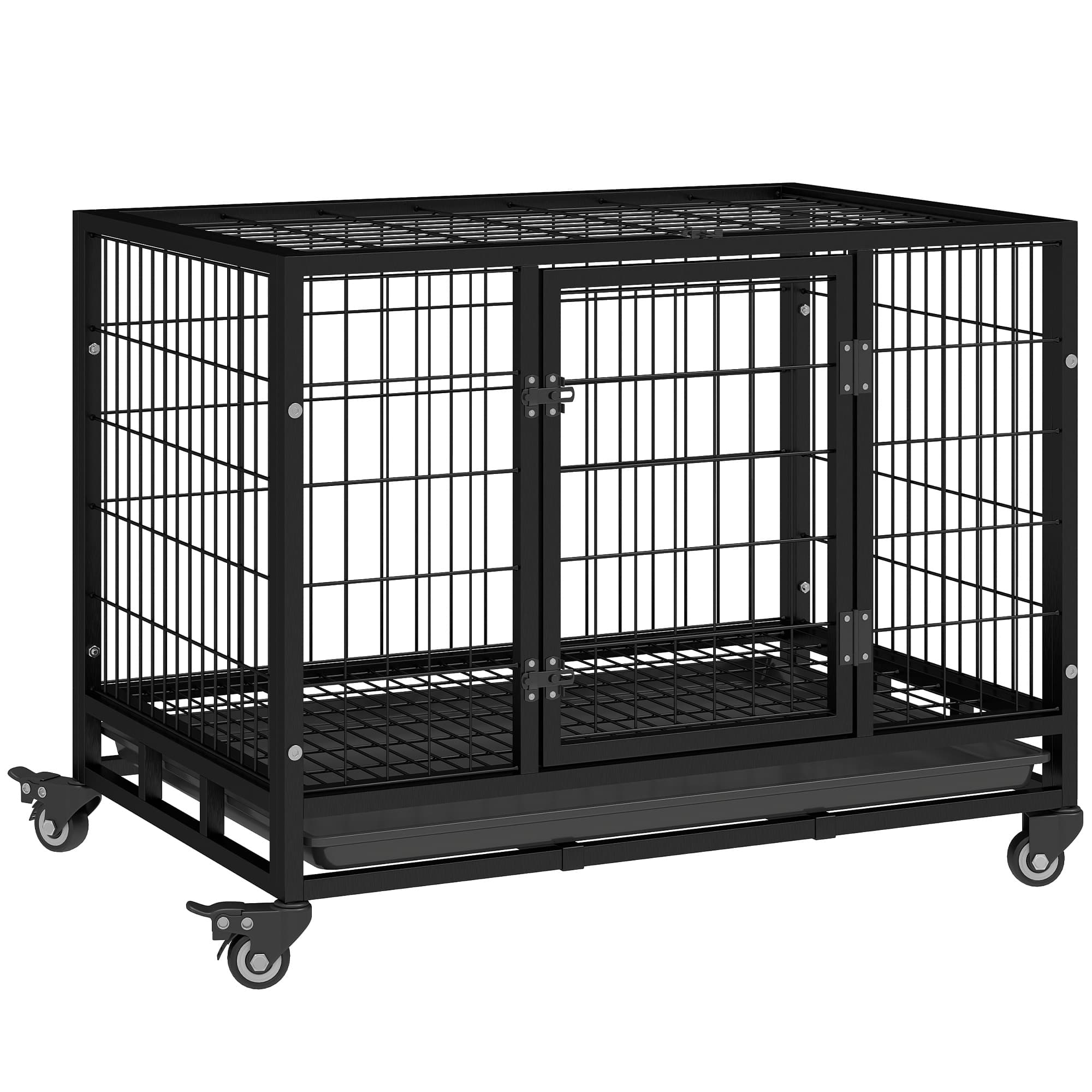 PawHut 38" Heavy Duty Metal Dog Kennel Pet Cage with Crate Tray and Wheels - Black (Medium)