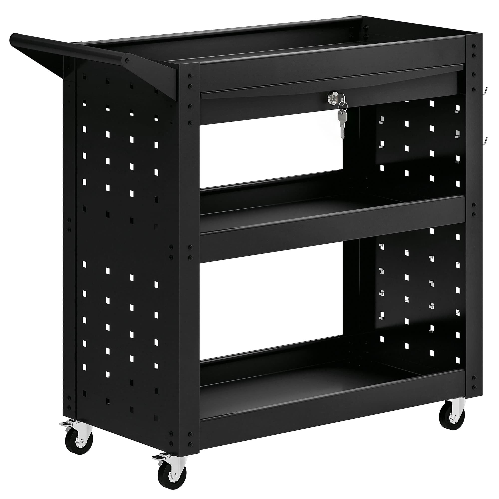 HOMCOM Tool Cart with Lockable Wheels, Rolling Workshop Cart with 3-Tier Trays, Drawer, Pegboards, Black