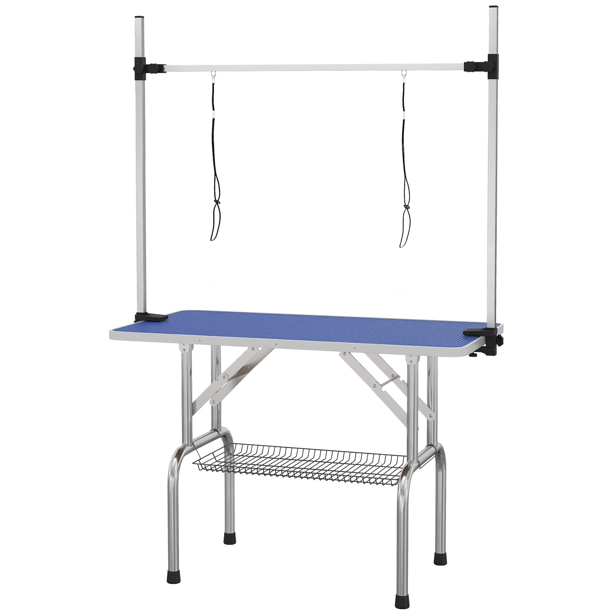 PawHut Adjustable Dog Grooming Table Rubber Top 2 Safety Slings Mesh Storage Basket Heavy Metal Blue 107 x 60 x 170cm | Aosom UK
