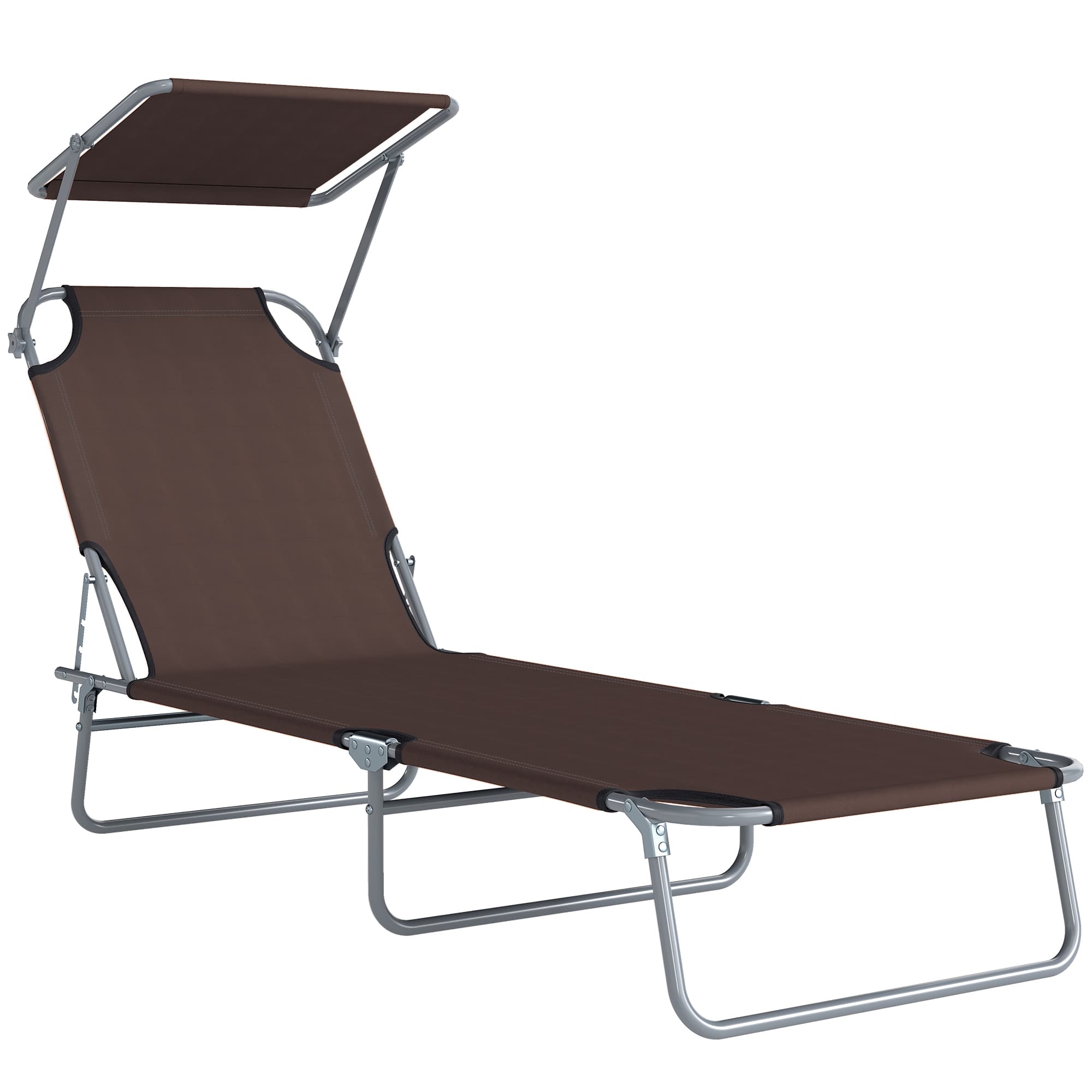 Outsunny Reclining Chair Sun Lounger Folding Lounger Seat with Sun Shade Awning Beach Garden Outdoor Patio Recliner Adjustable (Brown) | Aosom UK
