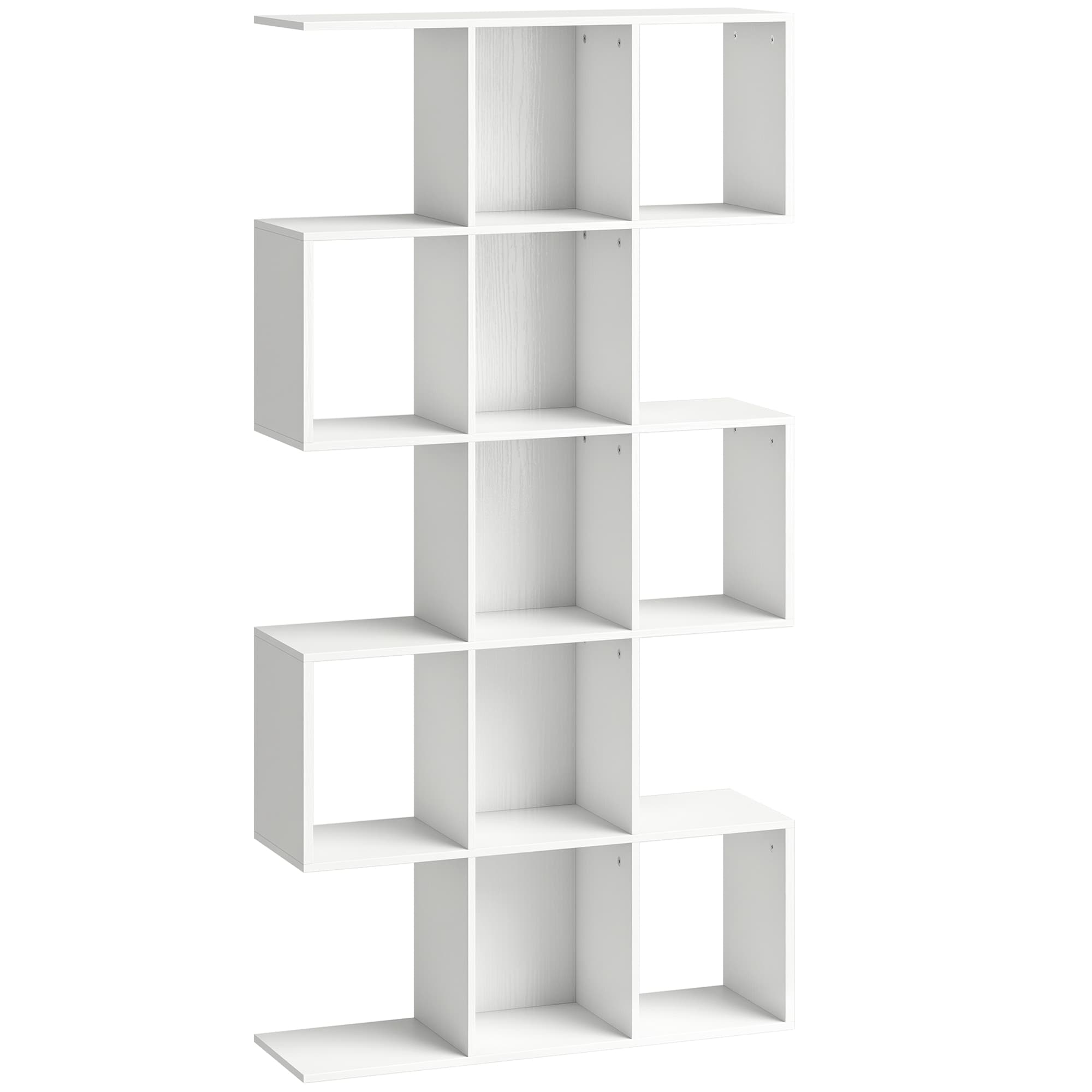 HOMCOM 5-Tier Bookshelf, S Shaped Geometric Bookcase with 15 Compartments, White Wood Effect