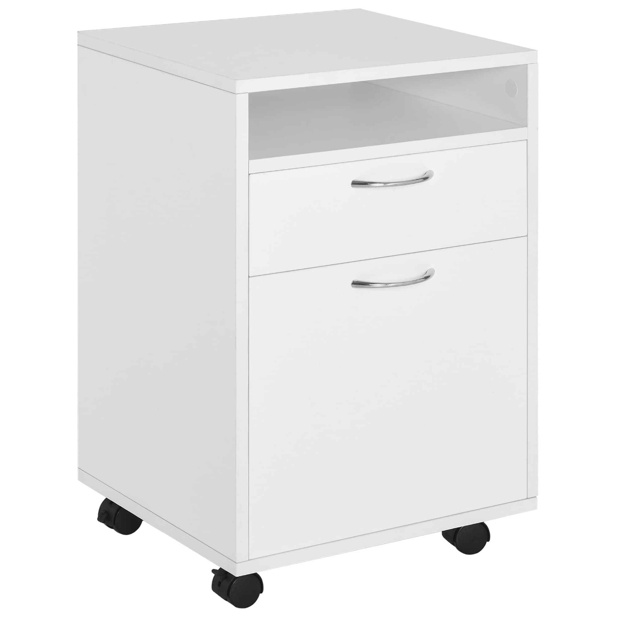 HOMCOM 60cm Storage Cabinet w/ Drawer Open Shelf Metal Handles 4 Wheels Office Home Organiser Mobile Printer White | Aosom UK