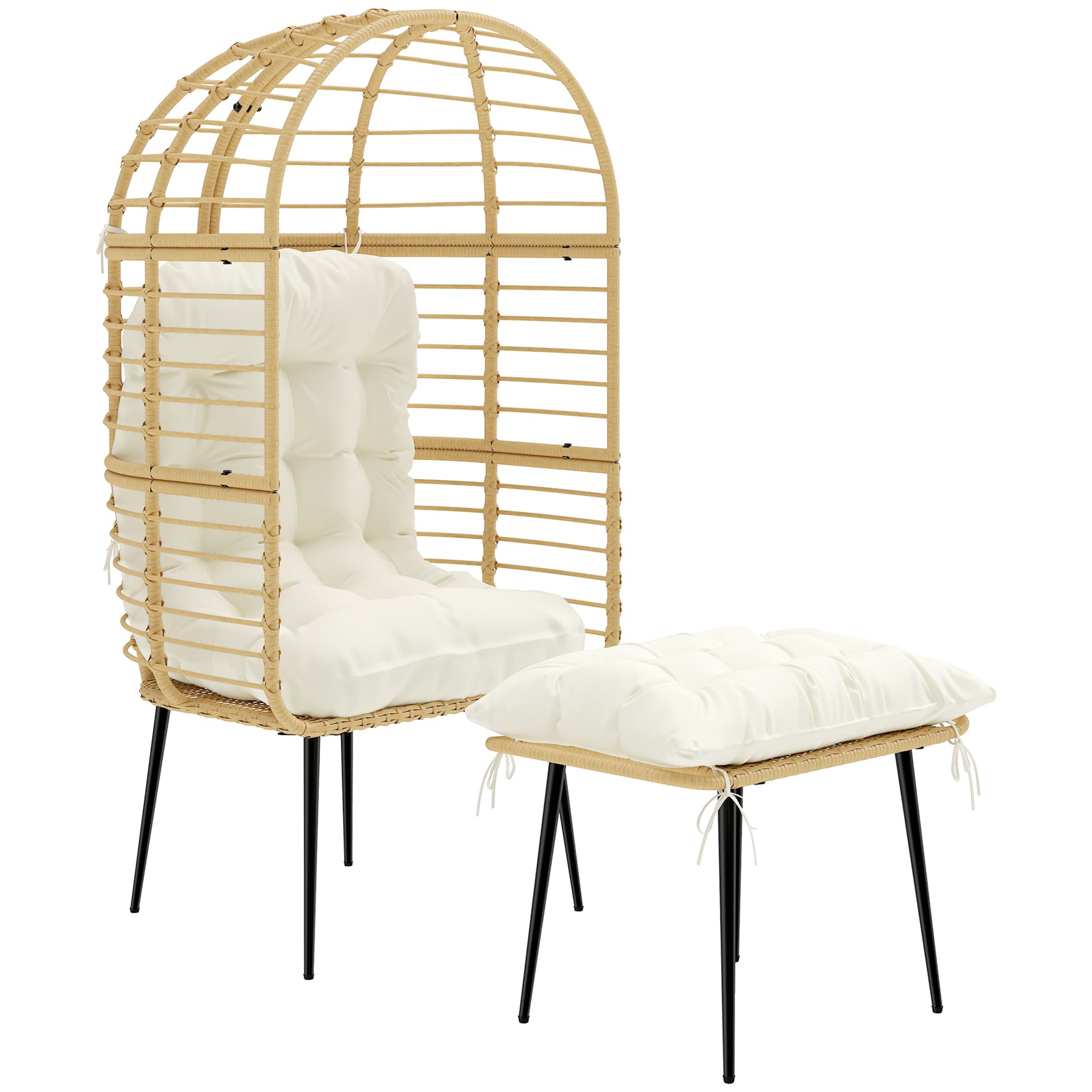 Outsunny Garden Egg Chair with Footstool, Rattan Indoor Outdoor Lounge Chair and Ottoman Set with Thick Cushions, Beige