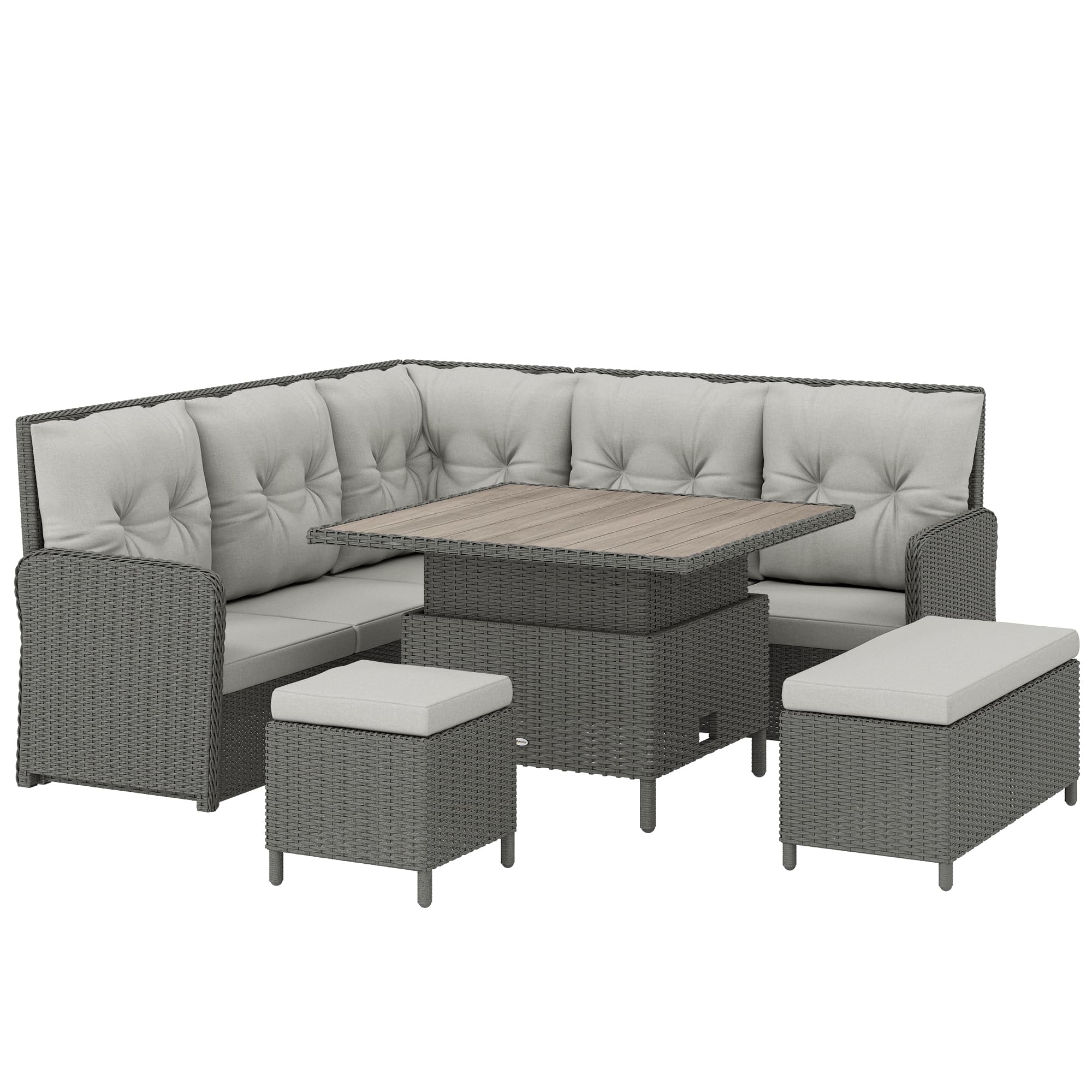 Outsunny Rattan Sofa Set, 6-Piece Outdoor PE Rattan Wicker Sofa with Liftable Coffee Table, Patio Garden Sectional Corner Furniture, Cream | Aosom UK