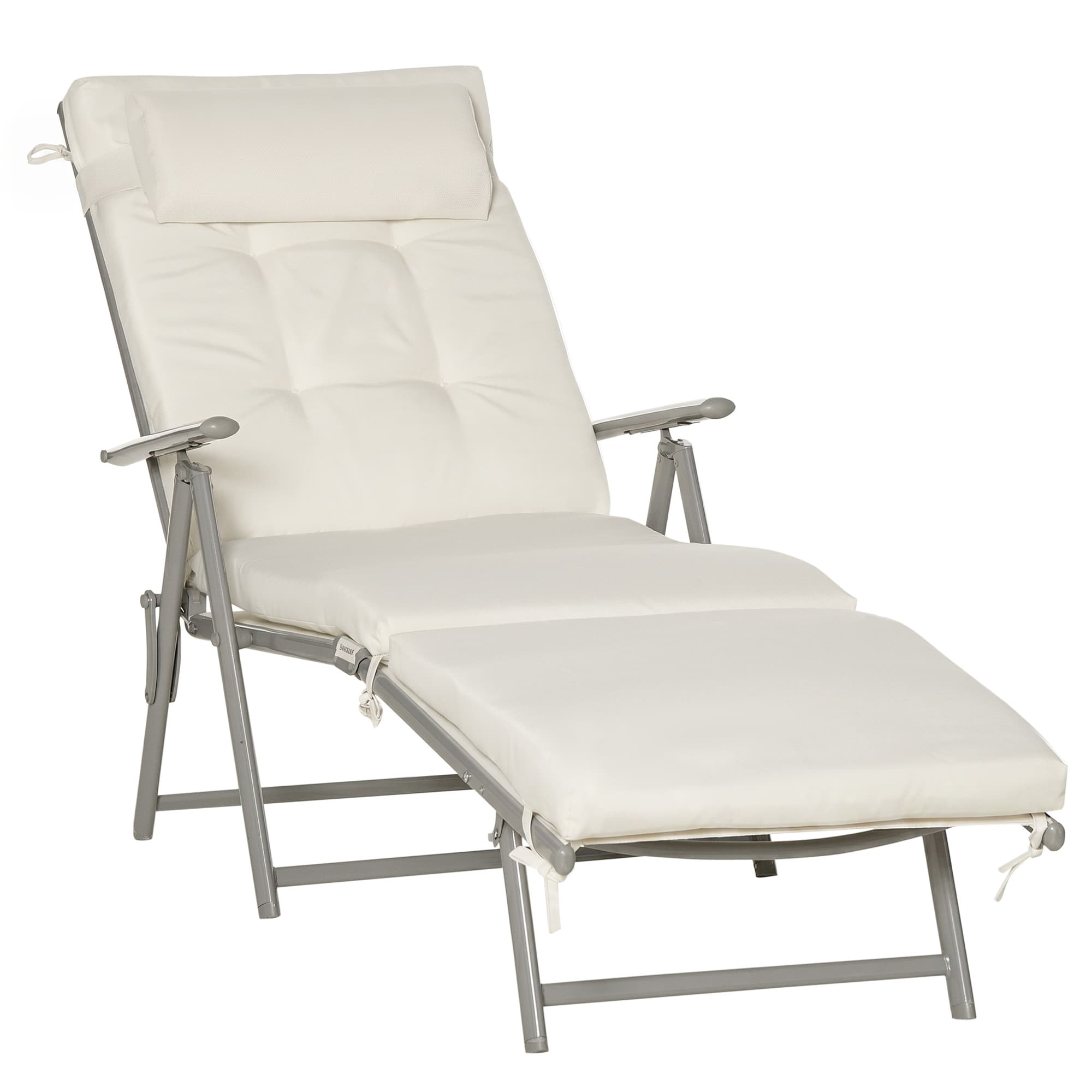 Outsunny Garden Sun Lounger: Foldable Reclining Chair with Pillow, Texteline Fabric, Adjustable Backrest, Cream White | Aosom UK