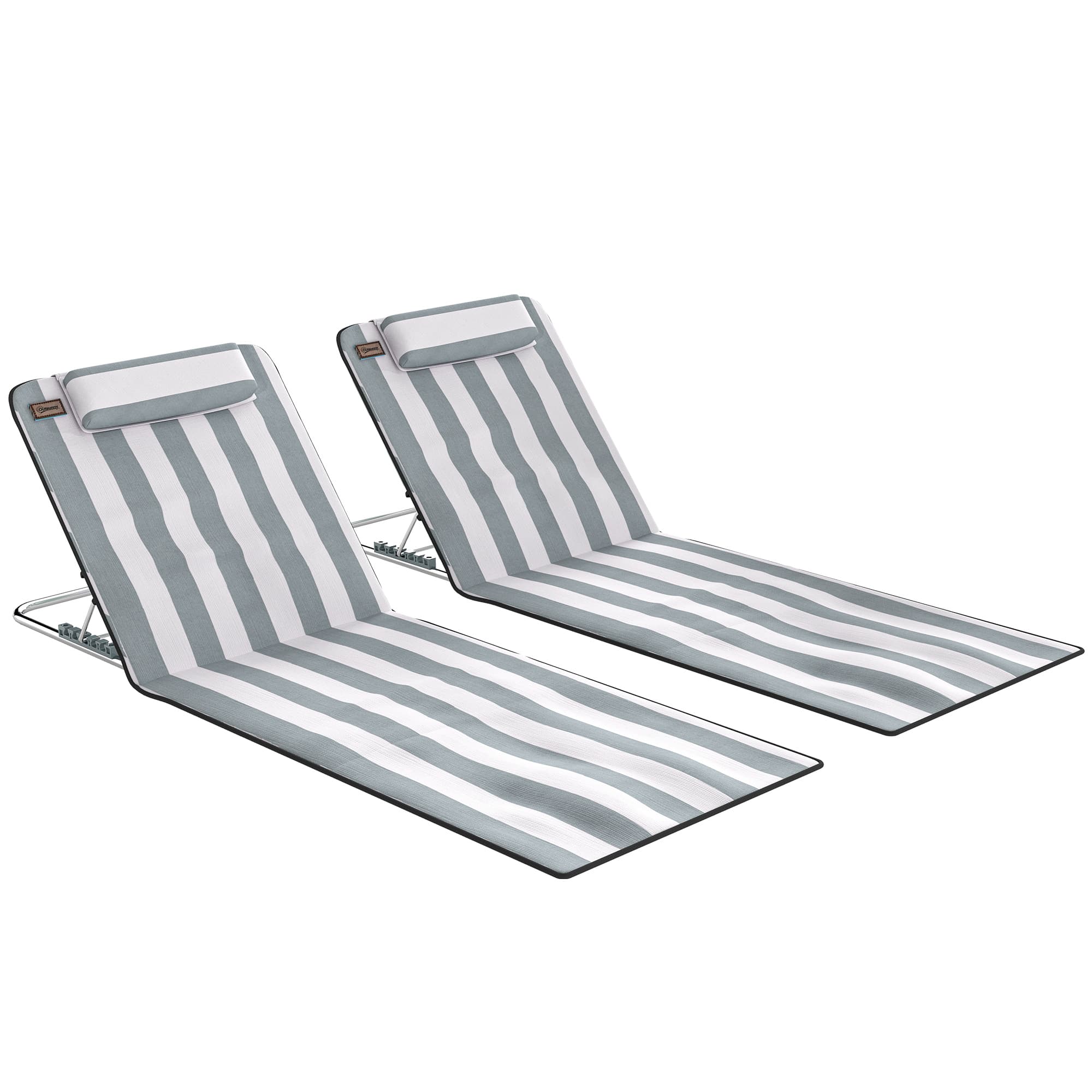 Outsunny Set of 2 Lightweight Foldable Garden Beach Chairs, Adjustable Back, Metal Frame, PE Fabric, Head Pillow, Light Grey | Aosom UK