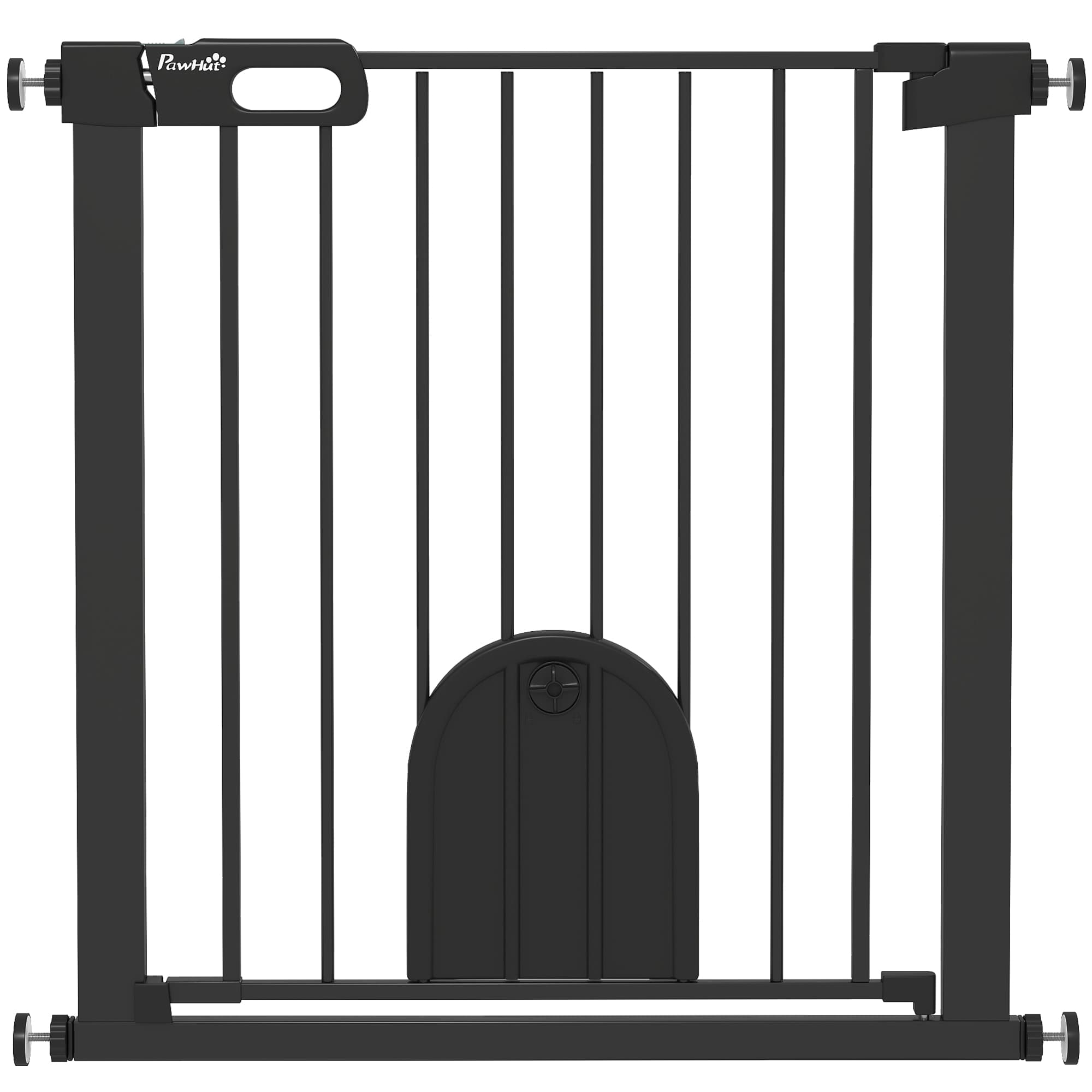 PawHut 75-82 cm Pet Safety Gate Barrier, Stair Pressure Fit, w/ Small Door, Auto Close, Double Locking, for Doorways, Hallways, Black | Aosom UK