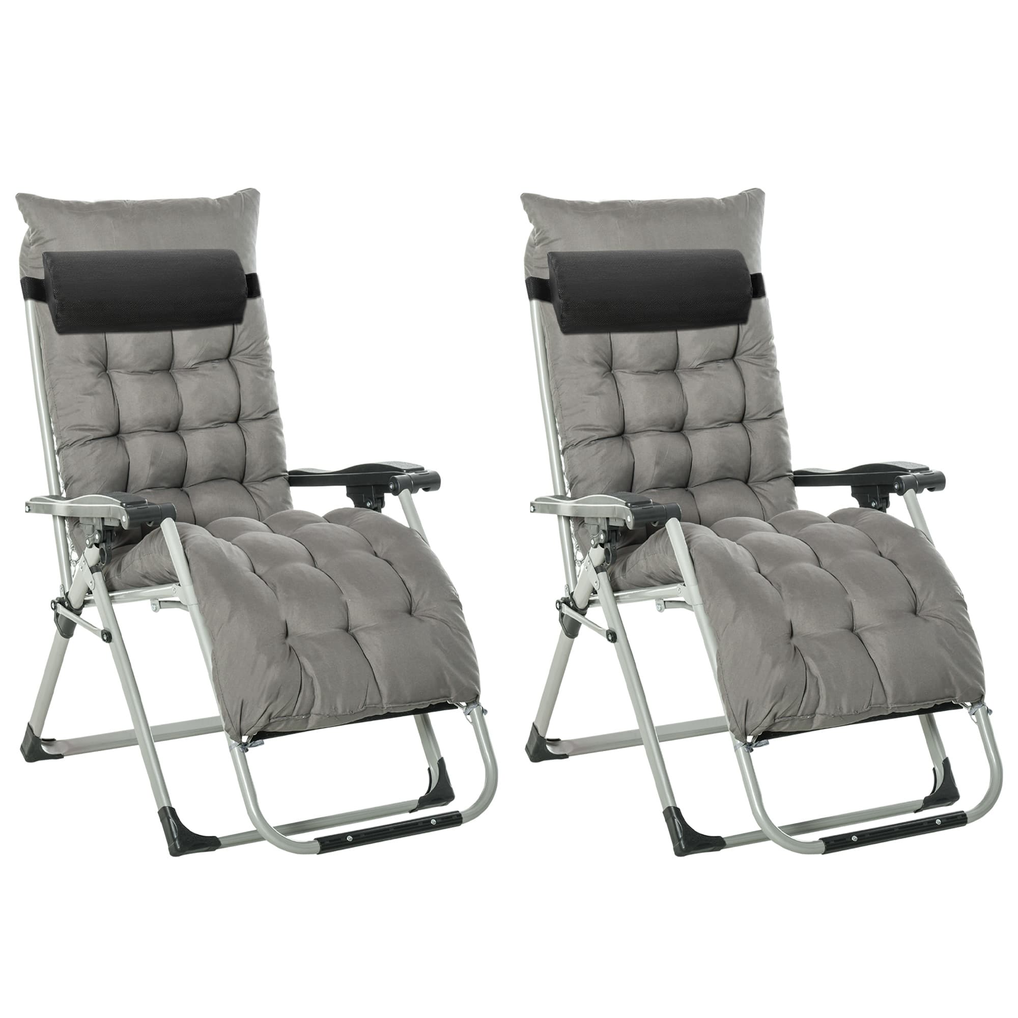 Outsunny 2 Piece Garden Sun Lounger, Anti Gravity Chair, Folding Outdoor Sun Lounger with Cushion Headrest, Dark Grey | Aosom UK