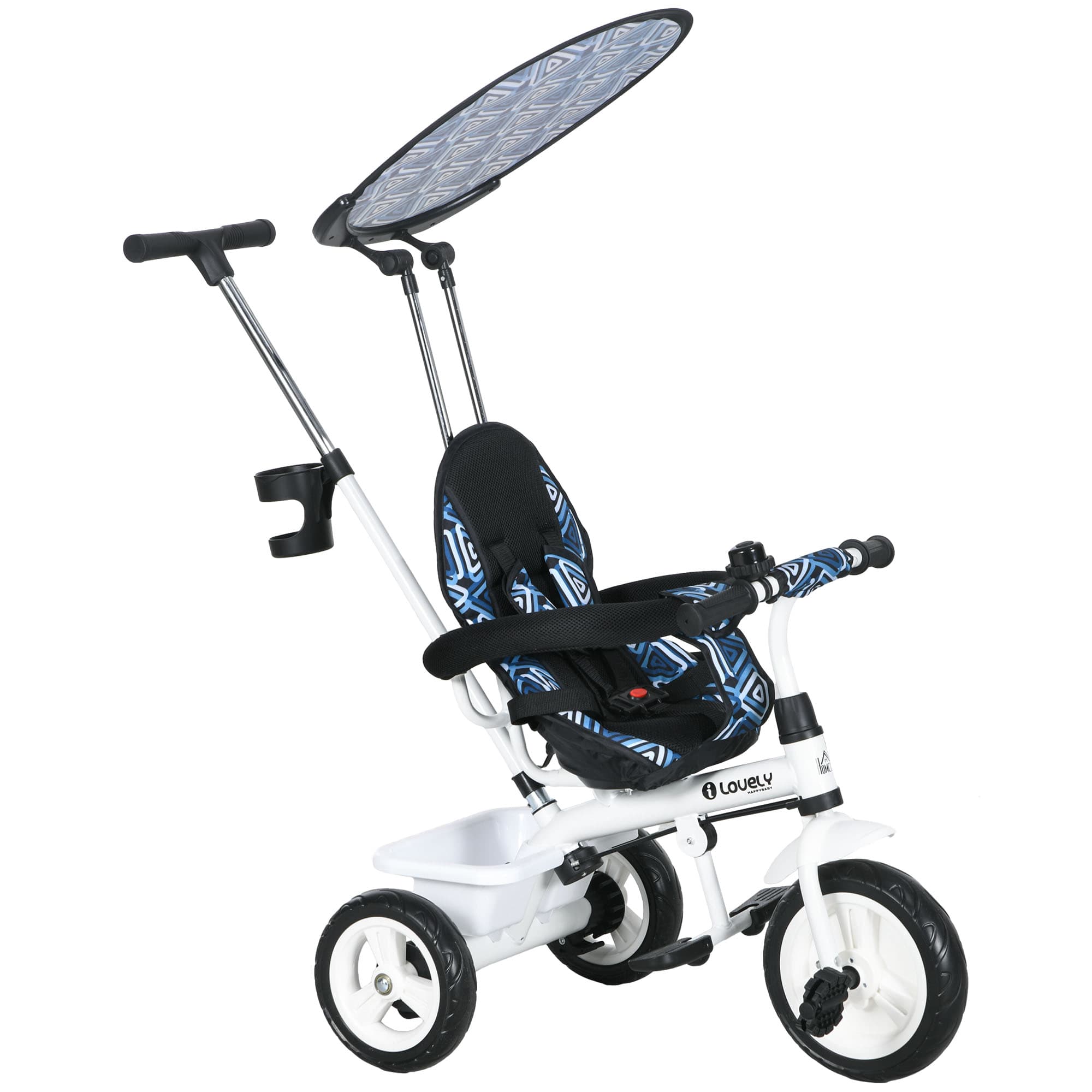 HOMCOM 4 in 1 Tricycle for Kids with 5-point harness straps, Removable Canopy, Blue | Aosom UK