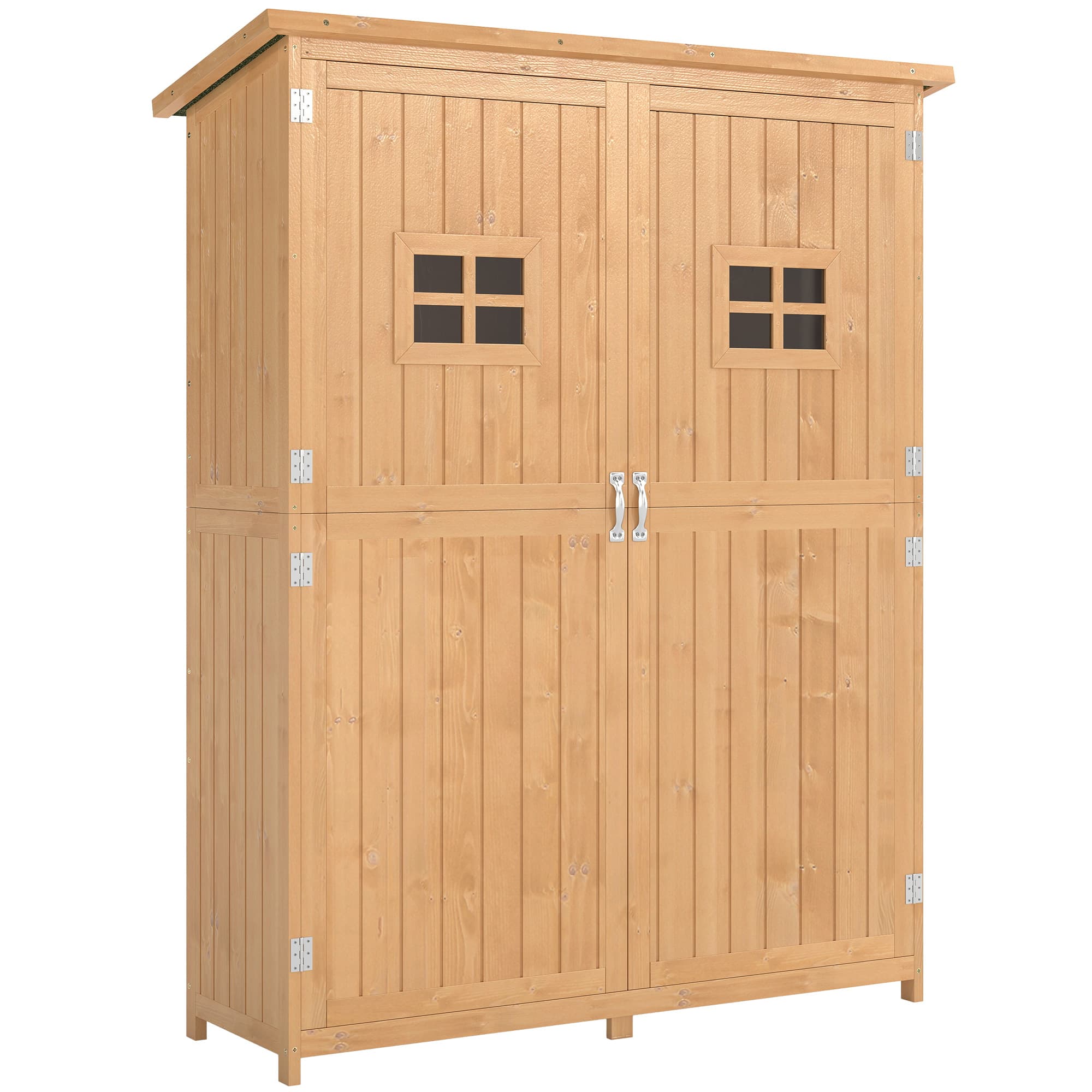 Outsunny Wooden Garden Storage Shed Tool Cabinet Organiser with Shelves, Two Windows, 127.5 x 50 x 164 cm, Natural