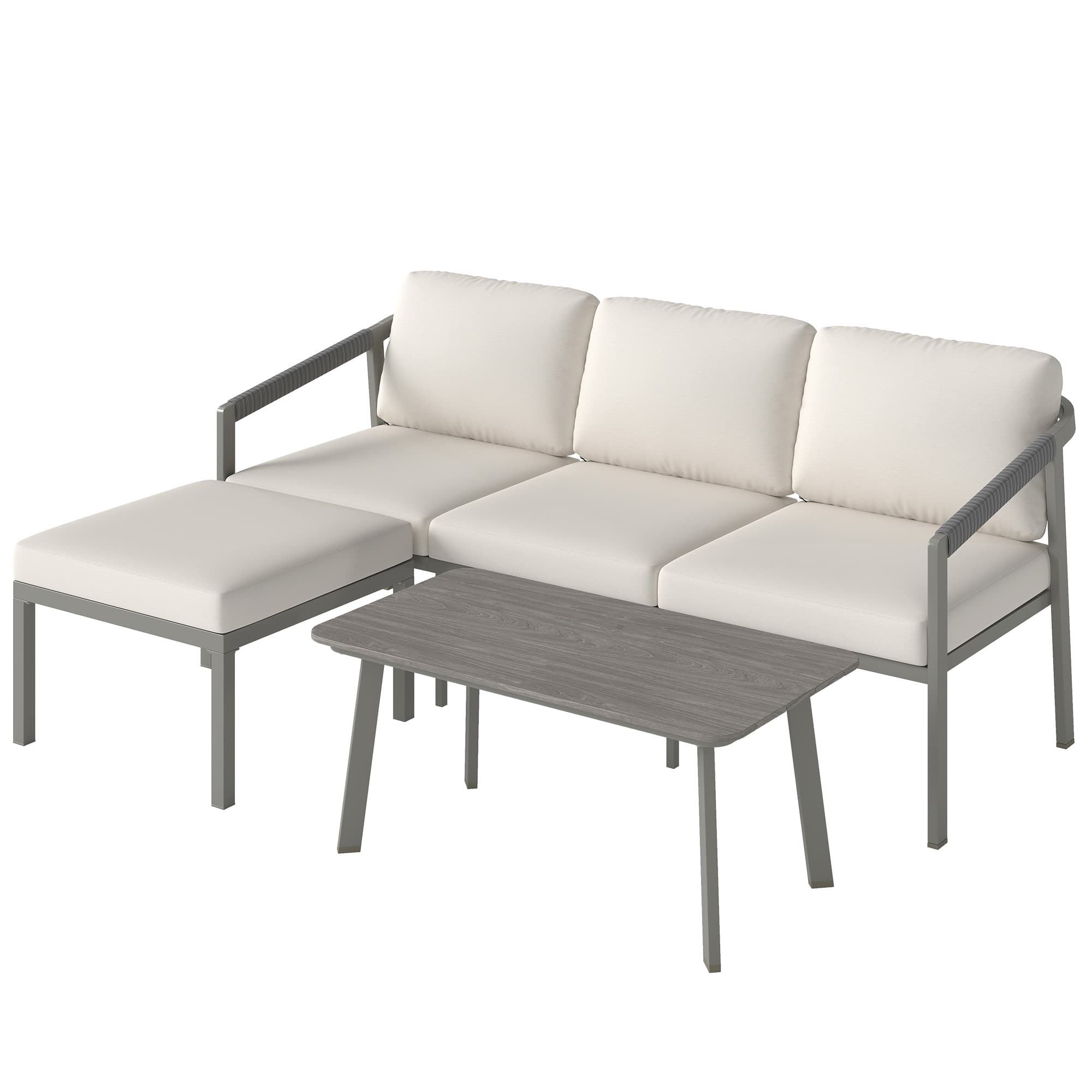 Outsunny 3 Piece Garden Dining Set, Outdoor Patio Furniture with 3 Seater Sofa, Footstool, Coffee Table and Cuhsions