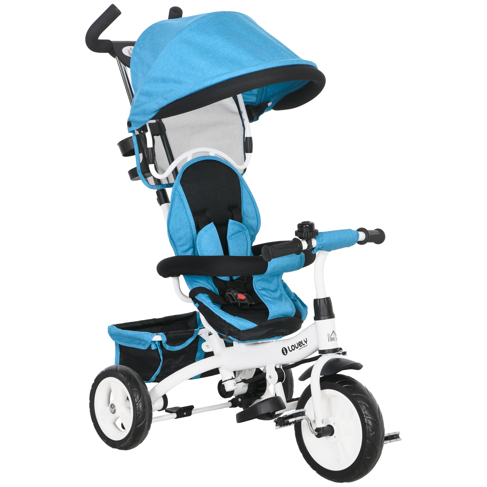 HOMCOM 4 in 1 Kids Trike Push Bike w/ Push Handle, Canopy, 5-point Safety Belt, Storage, Footrest, Brake, for 1-5 Years, Blue | Aosom UK