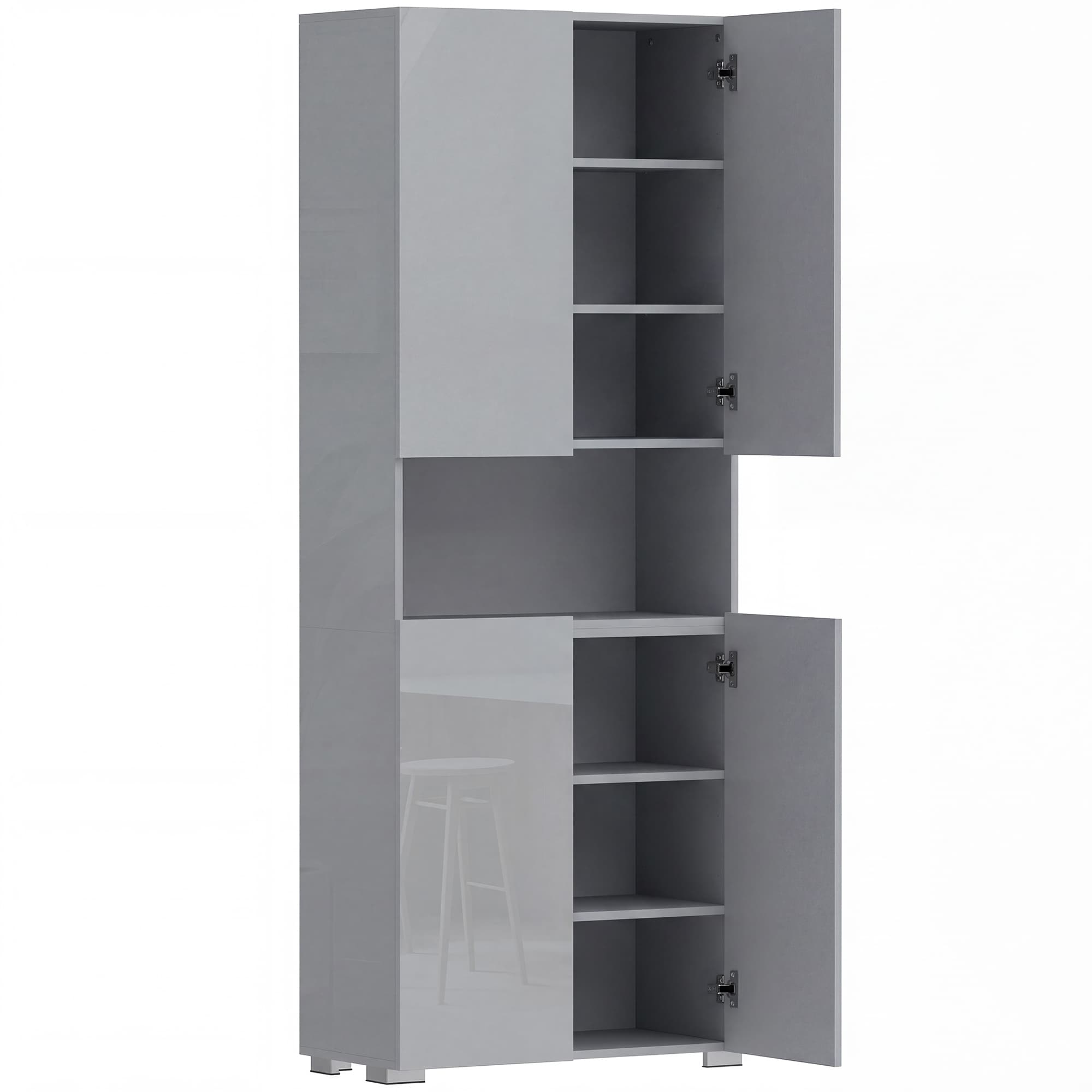 HOMCOM 180 cm Tall Kitchen Cupboard, Pantry Storage Cabinet with Soft Close Doors and Adjustable Shelves, High Gloss Grey