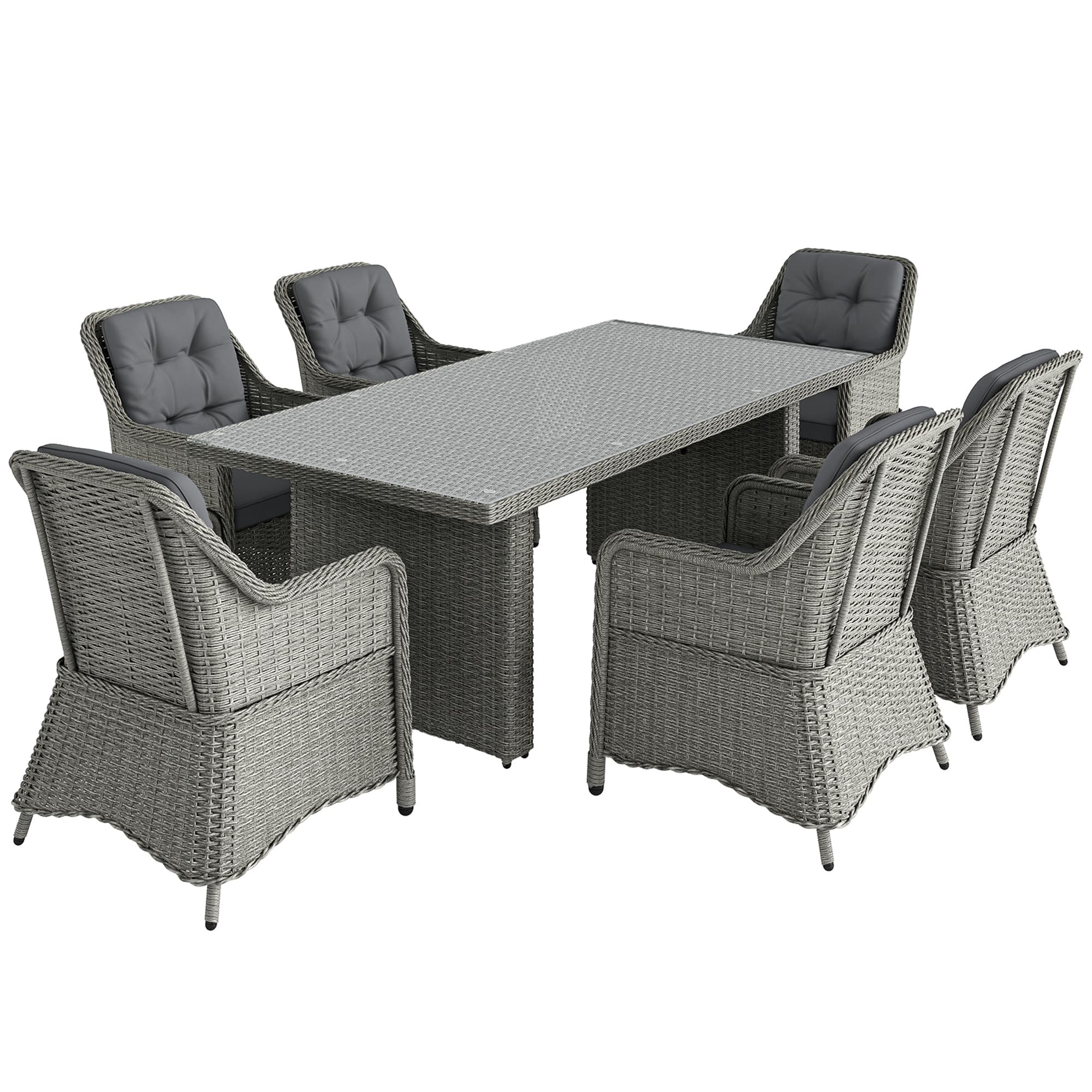 Outsunny 6 Seater Rattan Dining Set, Round PE Rattan Garden Furniture Set with Seat and Back Cushions, Aluminium Dining Table and Chairs with Cat Scratch Resistant Material, Grey