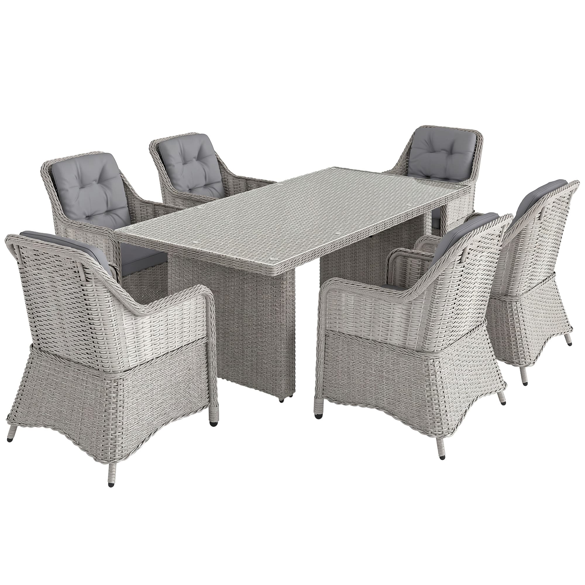 Outsunny 7 PCS Outdoor PE Rattan Dining Table Set, Patio Wicker Aluminium Chair Furniture w/ Tempered Glass Table Top, Cat Scratch Resistant, Grey