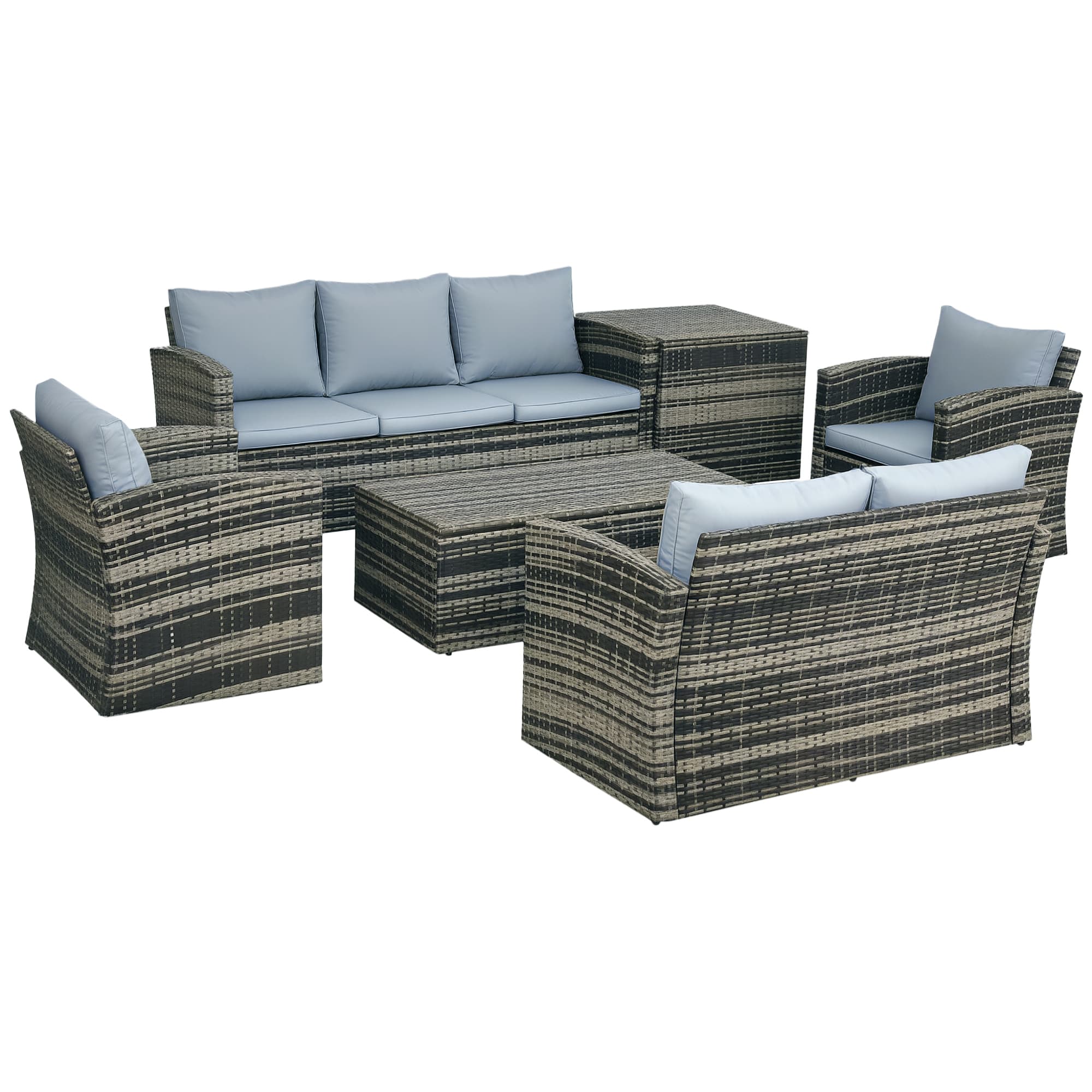 Outsunny 6 Pieces Rattan Garden Furniture Set, 7 Seater Wicker Outdoor Furniture Set with Storage Tea Table & Side Table, Grey