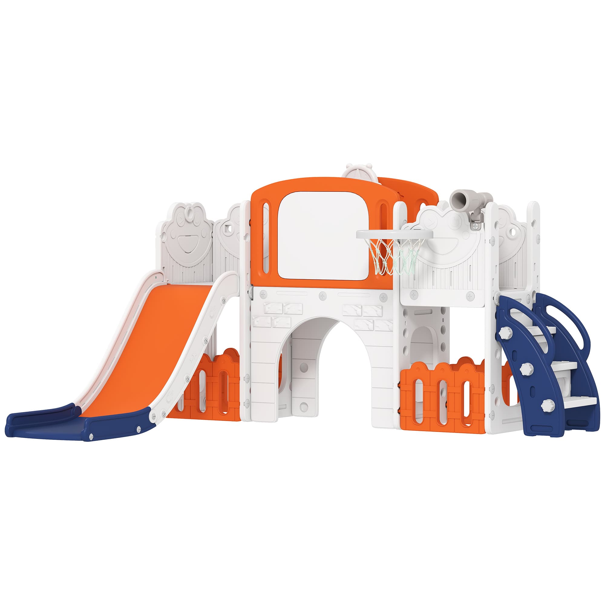 AIYAPLAY 7 in 1 Toddler Slide Set with Basketball Hoop, Climbing Frame, Telescope, Drawing Board, Storage Box, Orange