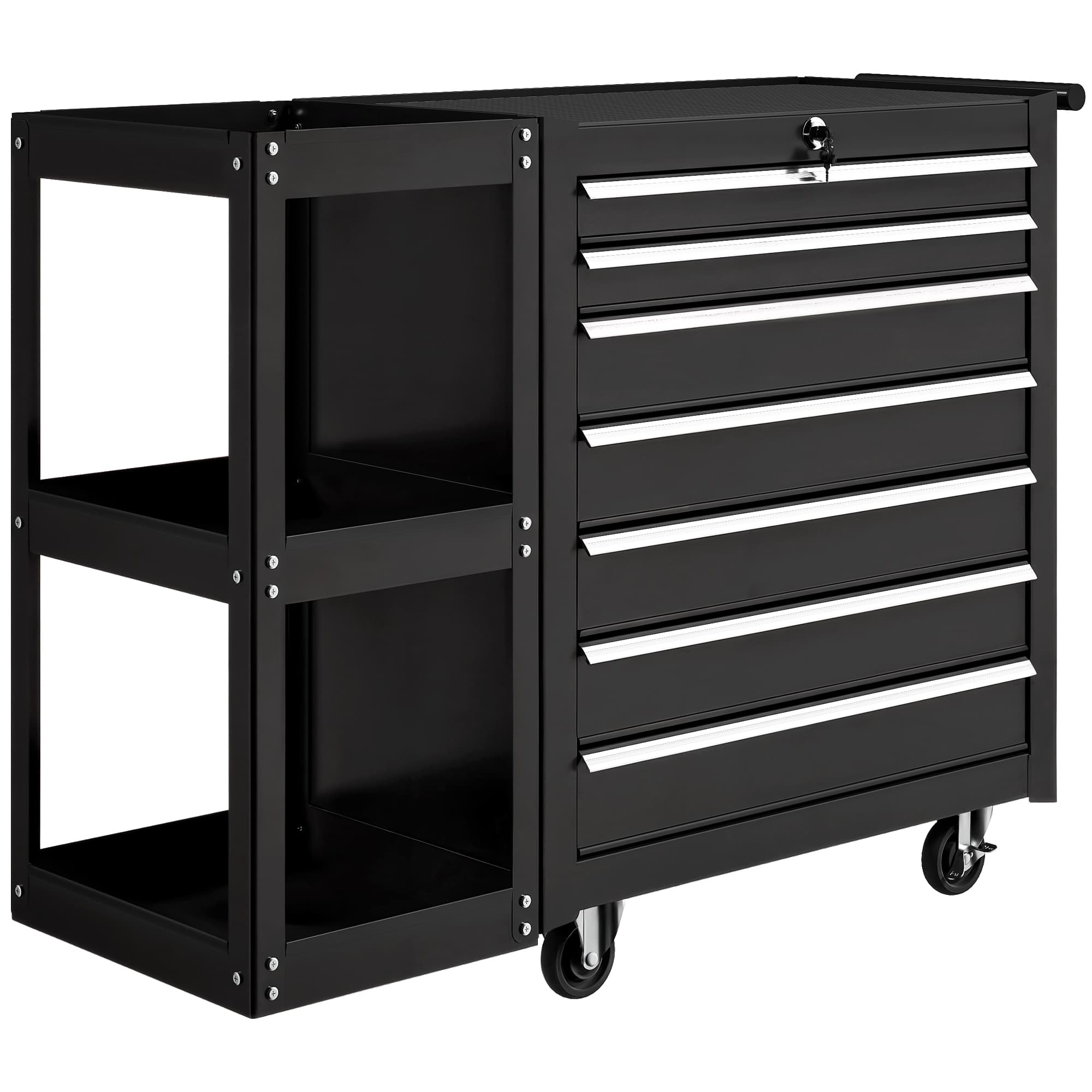 HOMCOM Lockable Steel Tool Chest on Wheels, 7 Drawer Tool Box with Handle for Workshop, Garage, Black