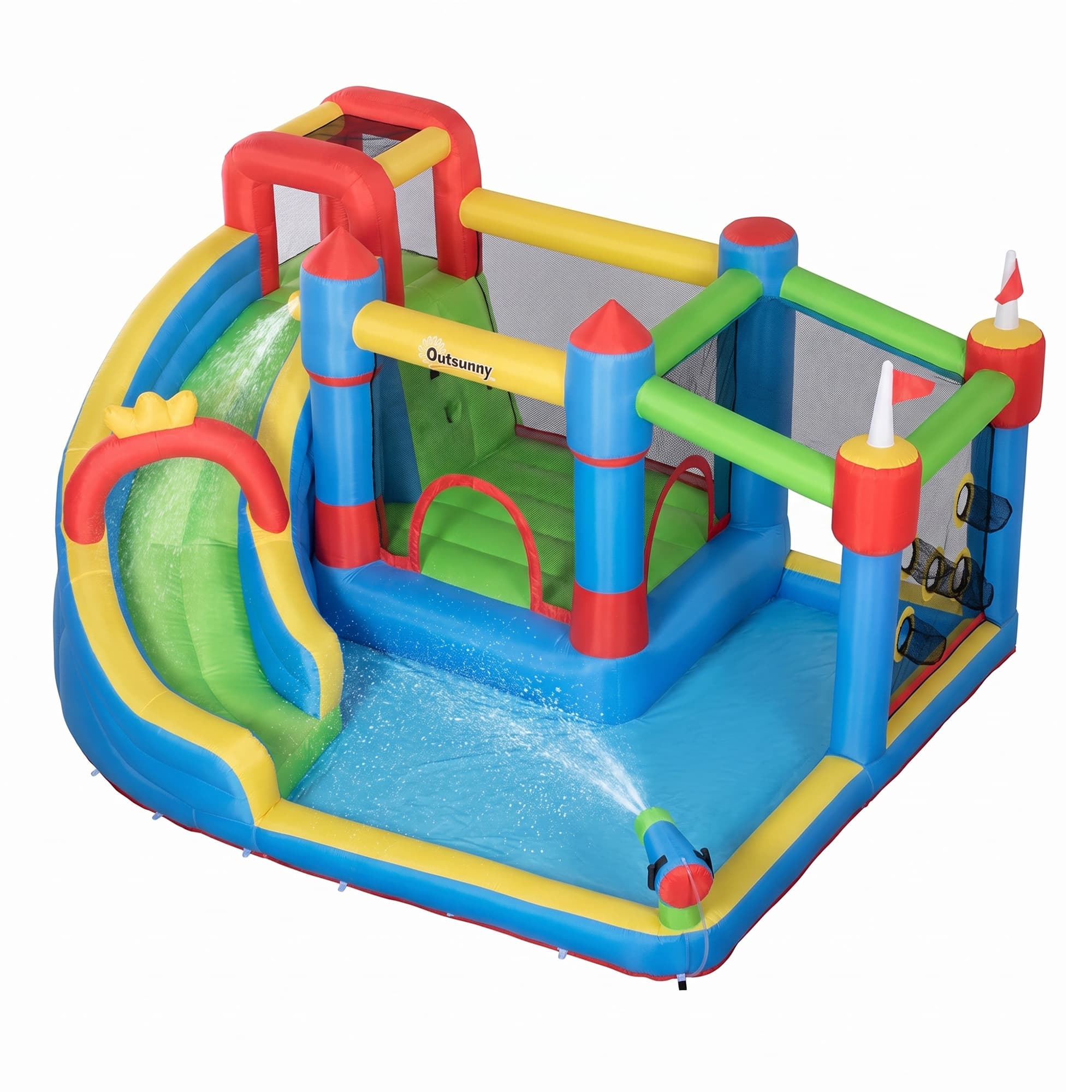 Outsunny 5 in 1 Kids Bounce Castle Large Castle Style Inflatable House Slide Trampoline Pool Water Gun Climbing Wall for Kids Age 3-8