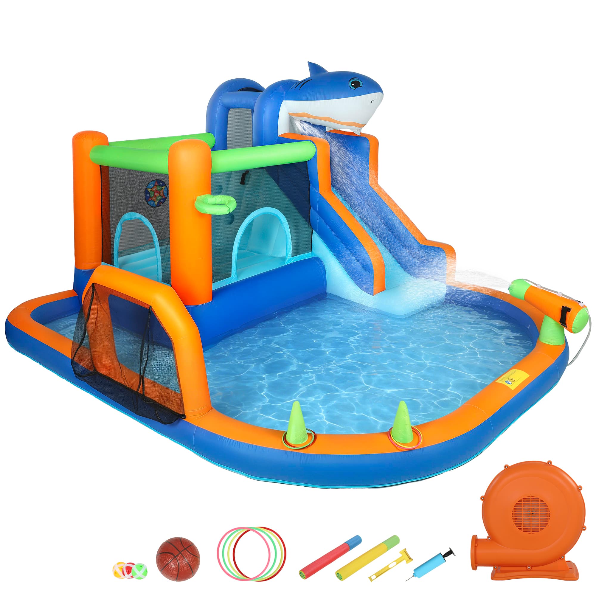 AIYAPLAY Inflatable Bouncy Castle for Kids, Sharks Theme Jumping Bounce House with Slide, Climbing Wall for Indoor Outdoor