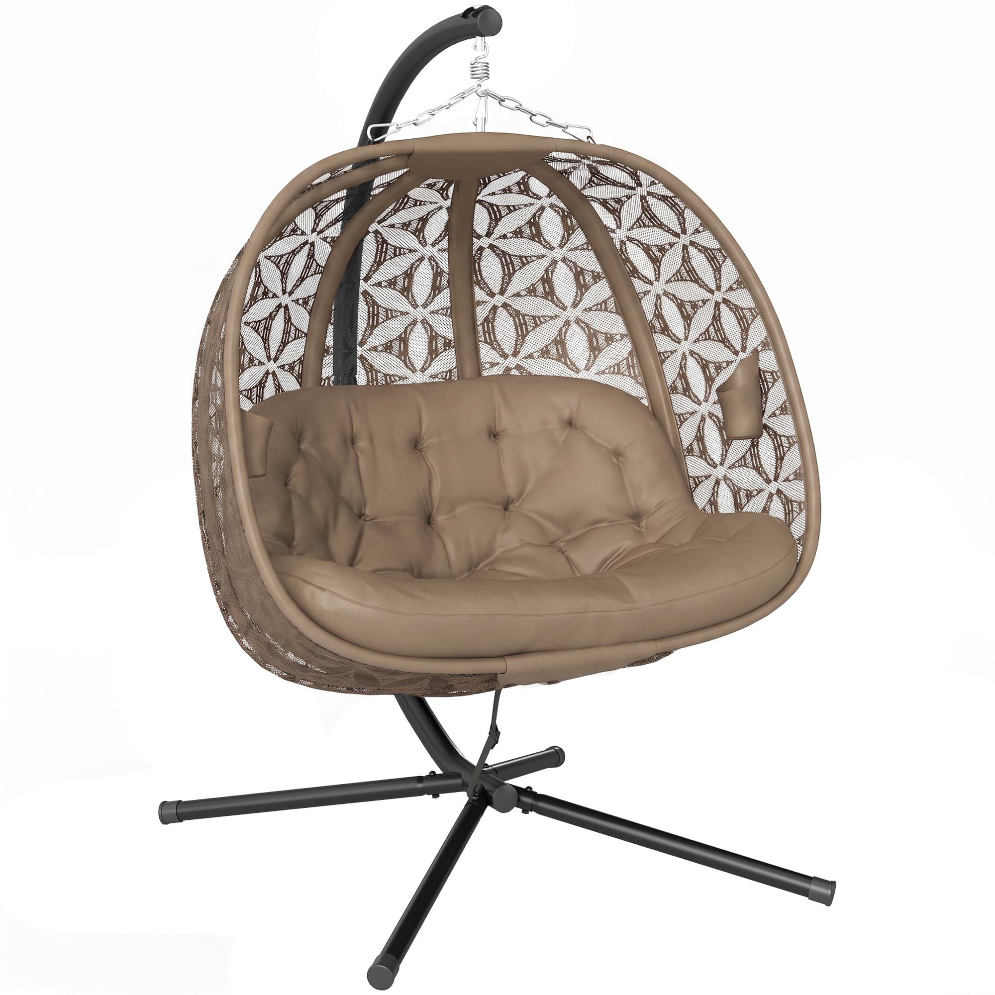 Outsunny Outdoor Double Hanging Chair, Swing Chair with Metal Stand, Thick Padded Cushion, Foldable Basket Cup Holders for Indoor Outdoor, Sand Brown