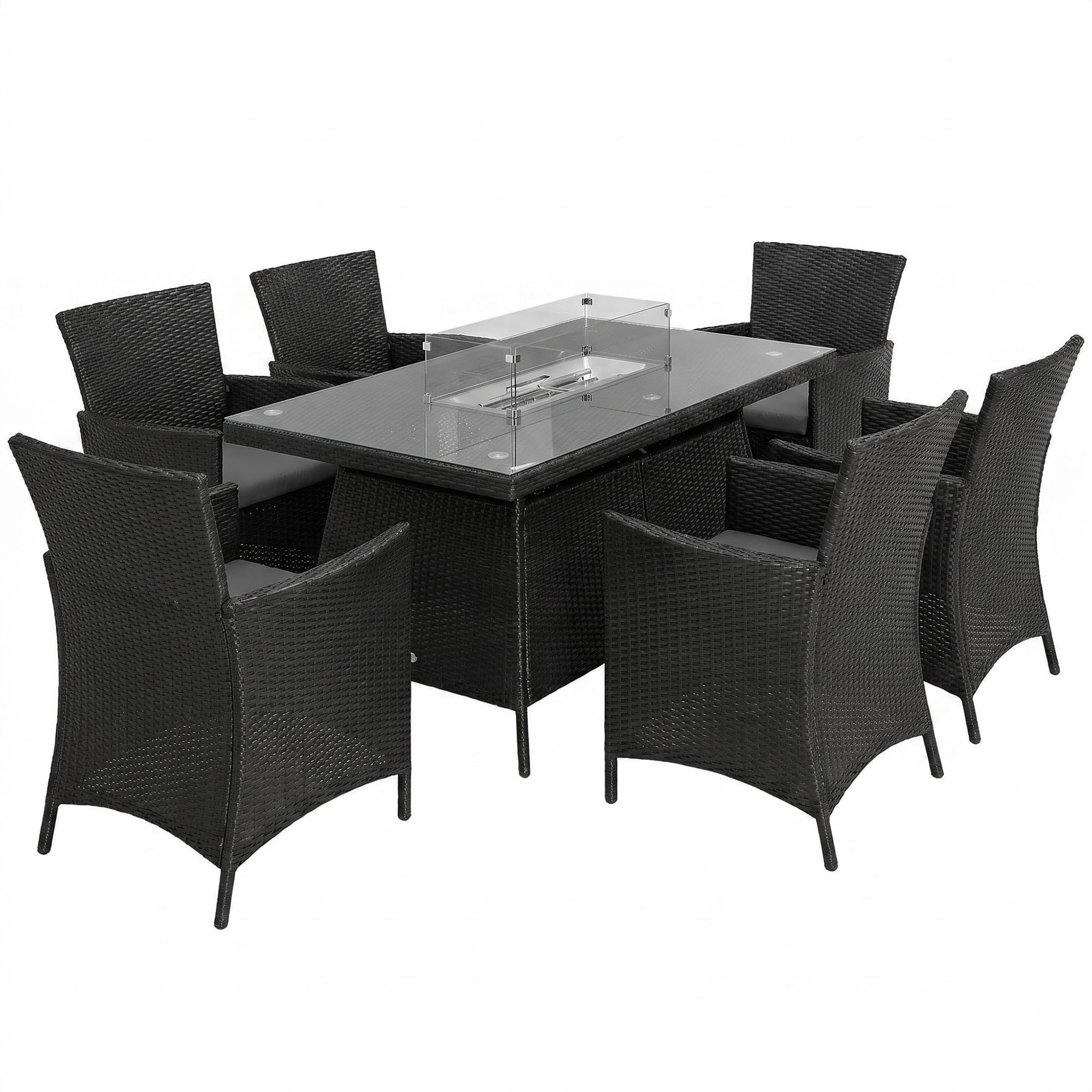 Outsunny 7 Pieces Outdoor Rattan Garden Furniture with Fire Pit Table, 6 Seater Garden Table and Chairs with Heater Table, Windscreen, Black