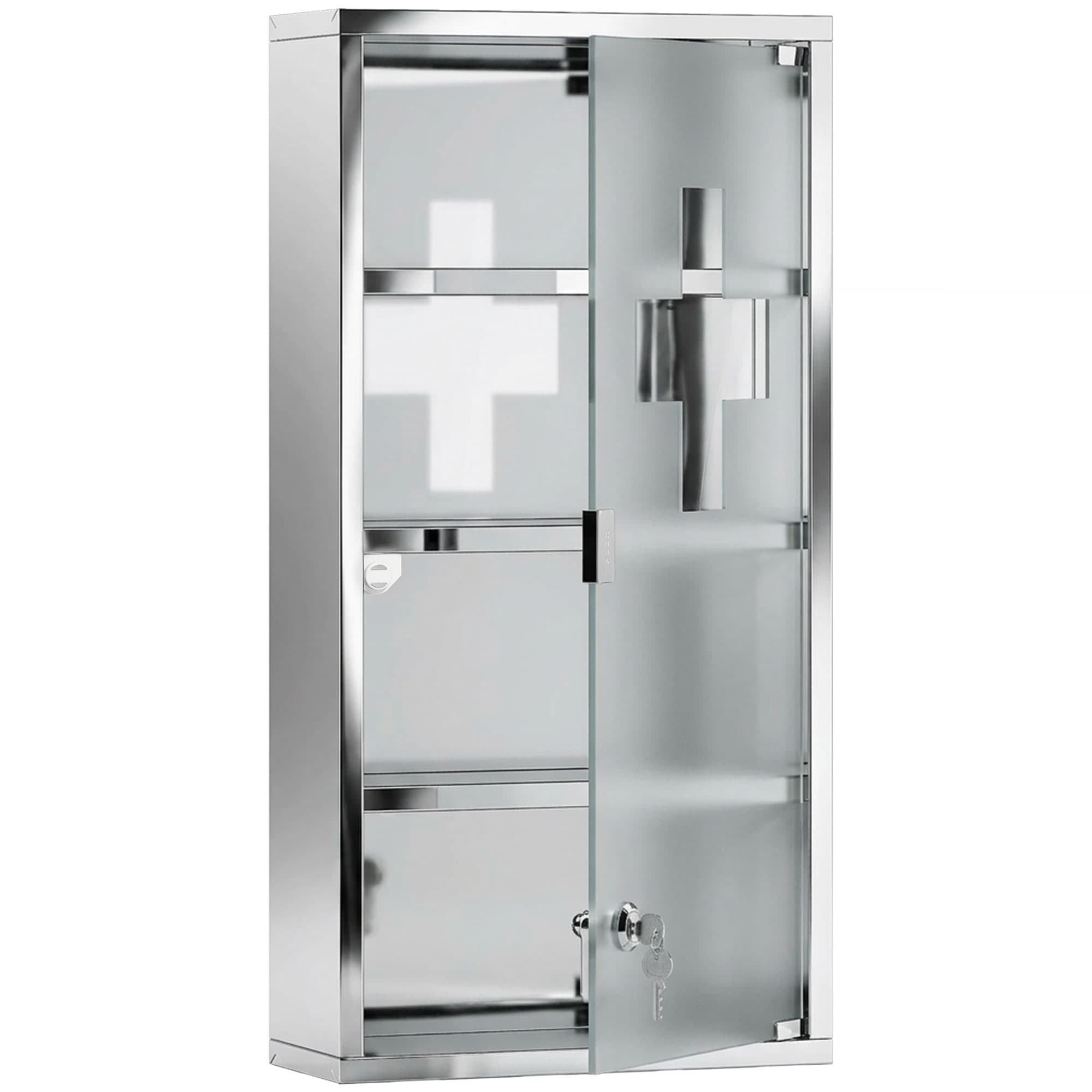 HOMCOM Wall-Mounted Medicine Cabinet: 4 Tier Lockable Glass Door, Stainless Steel Shelving Unit, 60Hx30Wx12D(cm) | Aosom UK