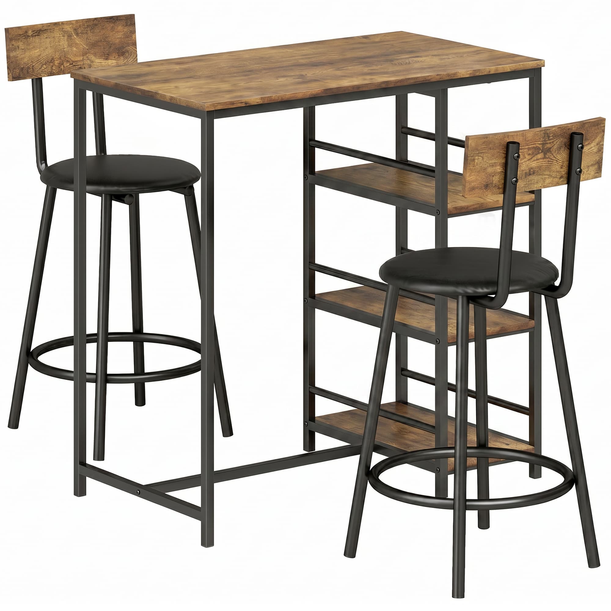 HOMCOM Space Saving Bar Table and PU Leather Stools for 2, 3 Piece Breakfast Bar Table Set with Storage Shelves, Rustic Brown