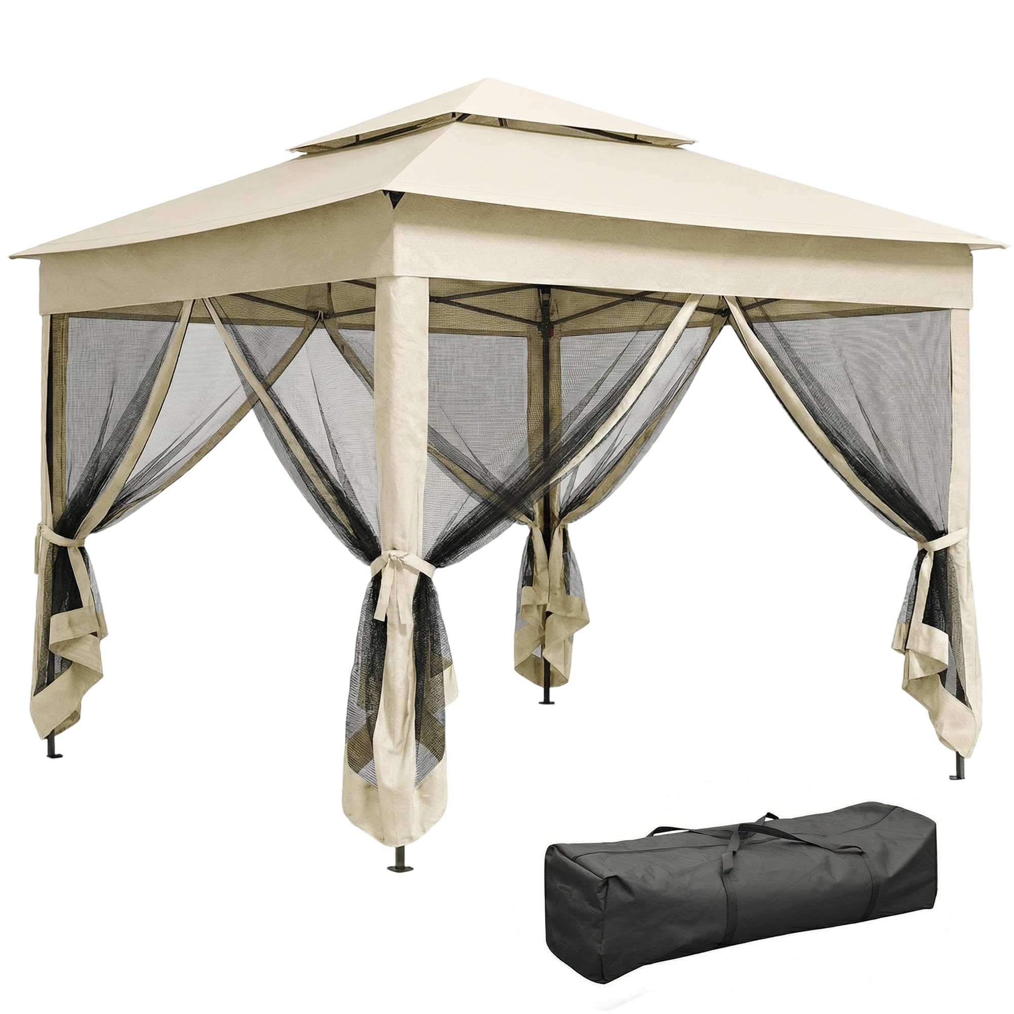 Outsunny 3 x 3m Pop Up Gazebo with Sides, Waterproof Pop Up Gazebo, Double-roof Garden Tent with Netting, Cream White | Aosom UK