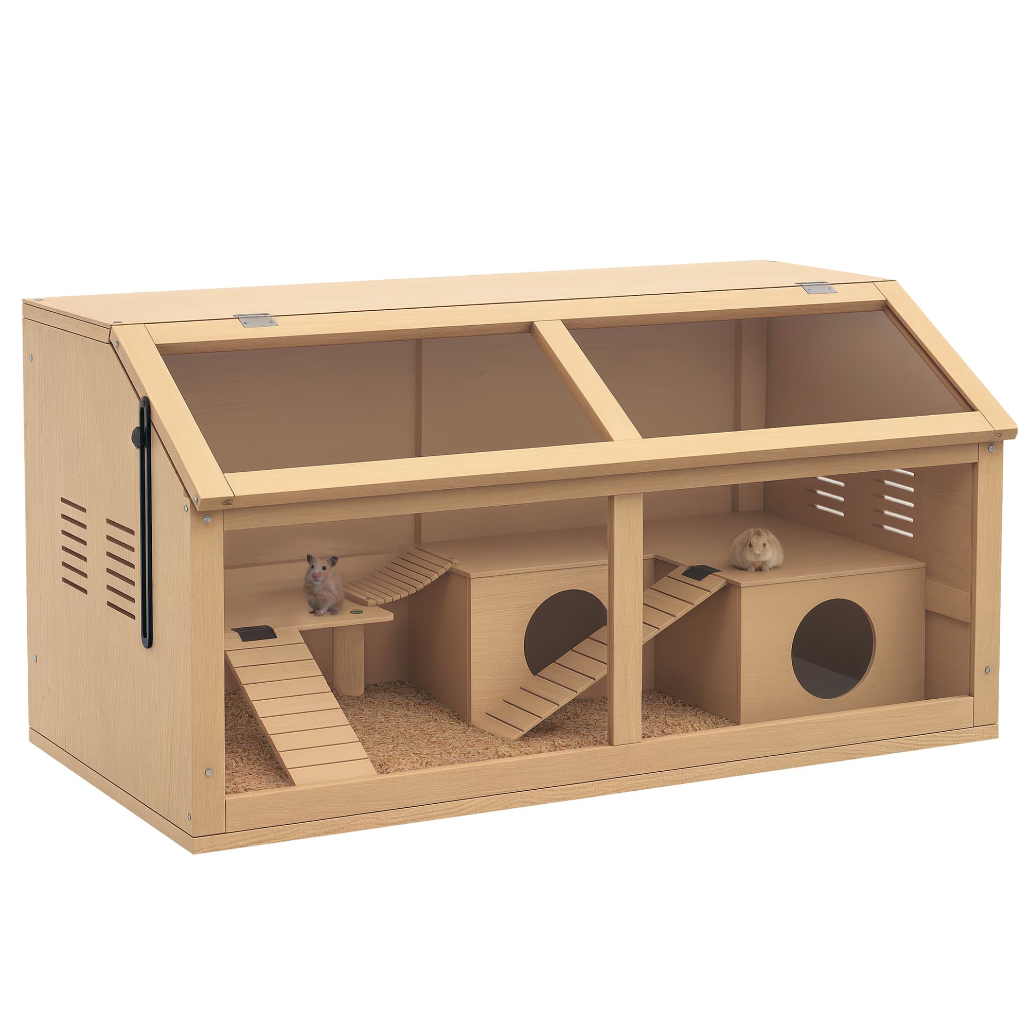 PawHut Hamster Cage, Wooden Small Animal Cage for Gerbils, Mice w/ Suspension Bridge, Openable Top, Hut, 85 x 45 x 44cm Nature | Aosom UK