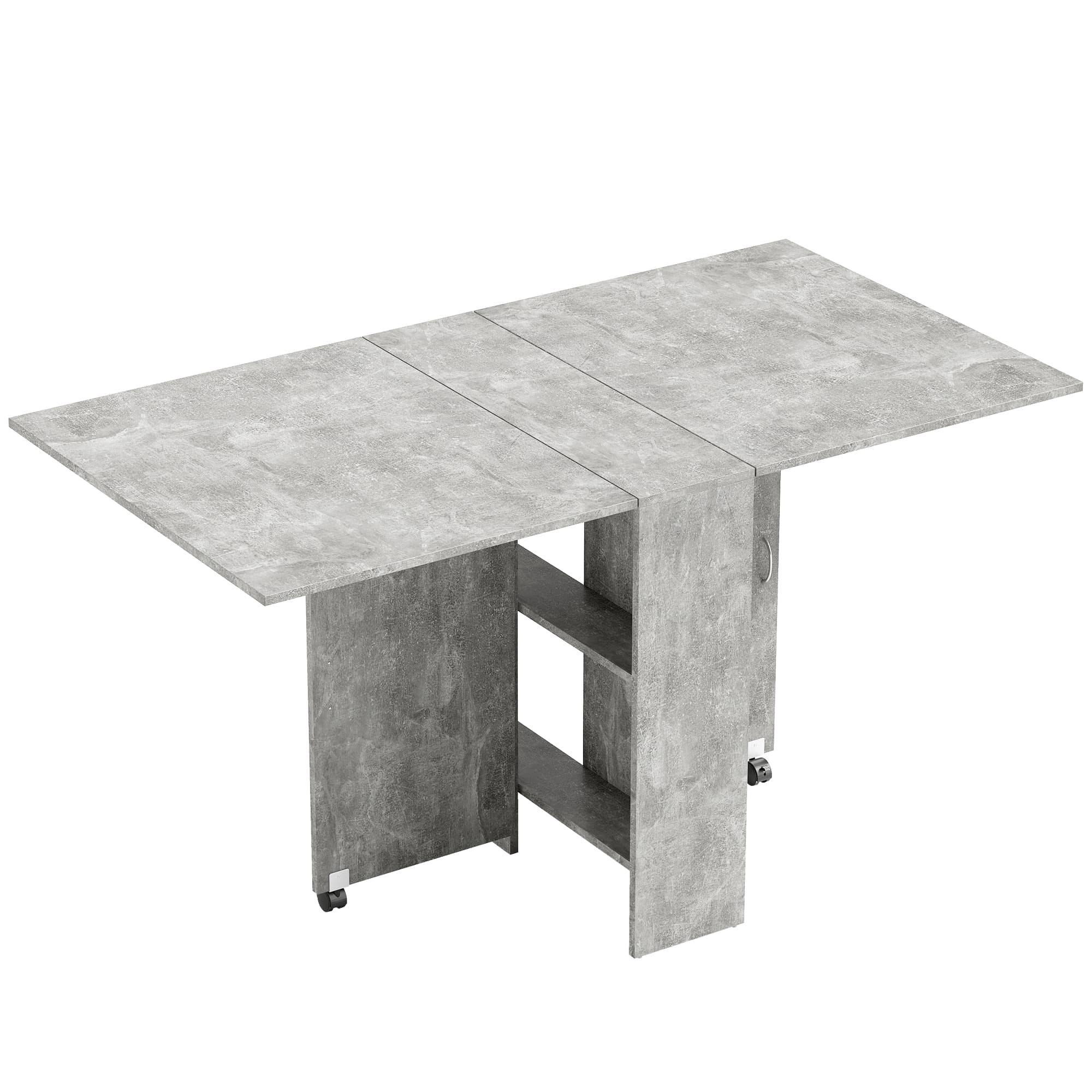 HOMCOM Folding Kitchen Table, Drop Leaf Dining Table for Small Spaces w/ 2-tier Shelves, Kitchen Table w/ Rolling Casters, Cement Grey | Aosom UK