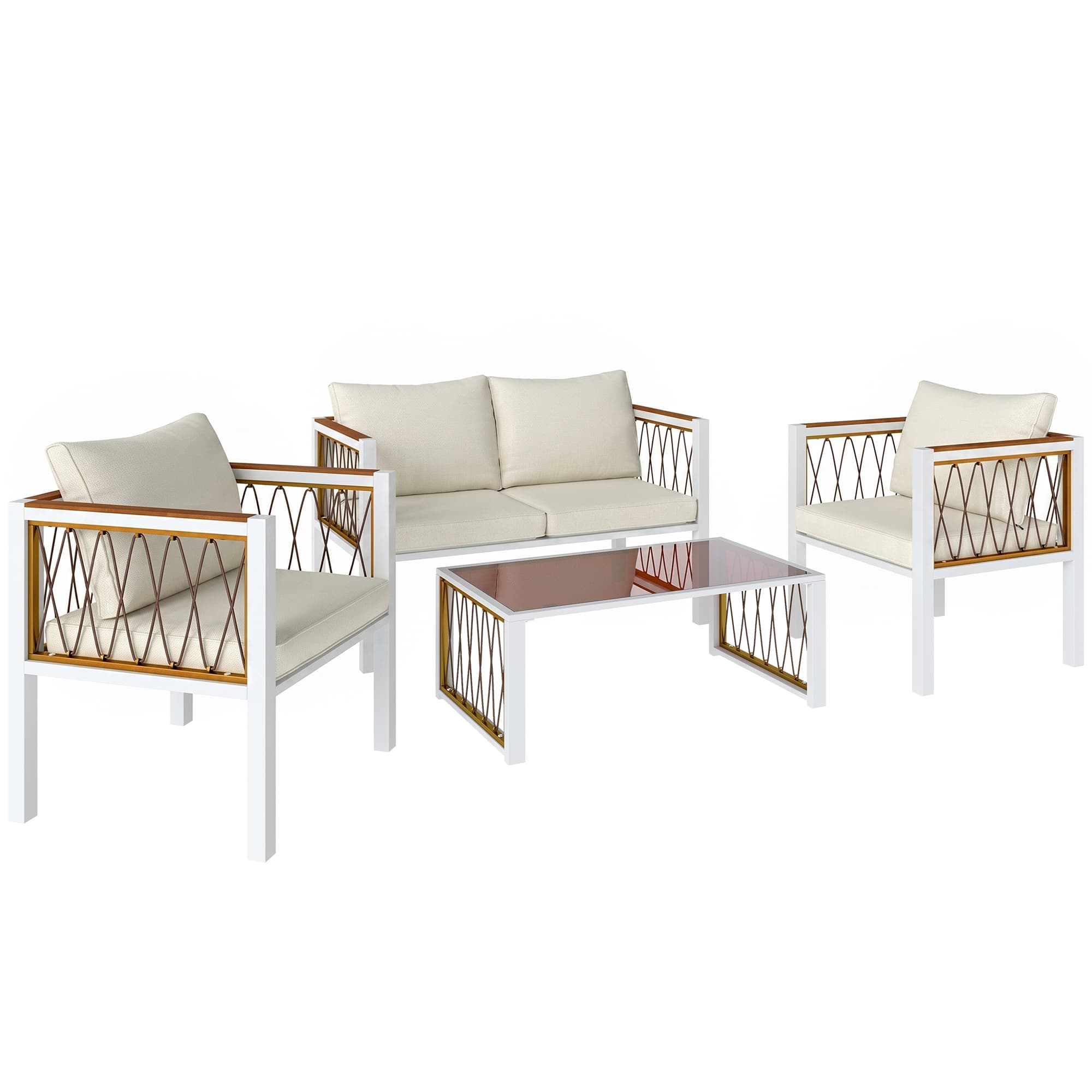 Outsunny 4 Piece Rattan Garden Furniture Set with Loveseat, 2 Armchairs, Table, Metal Frame Patio Conversation Set, Cream White