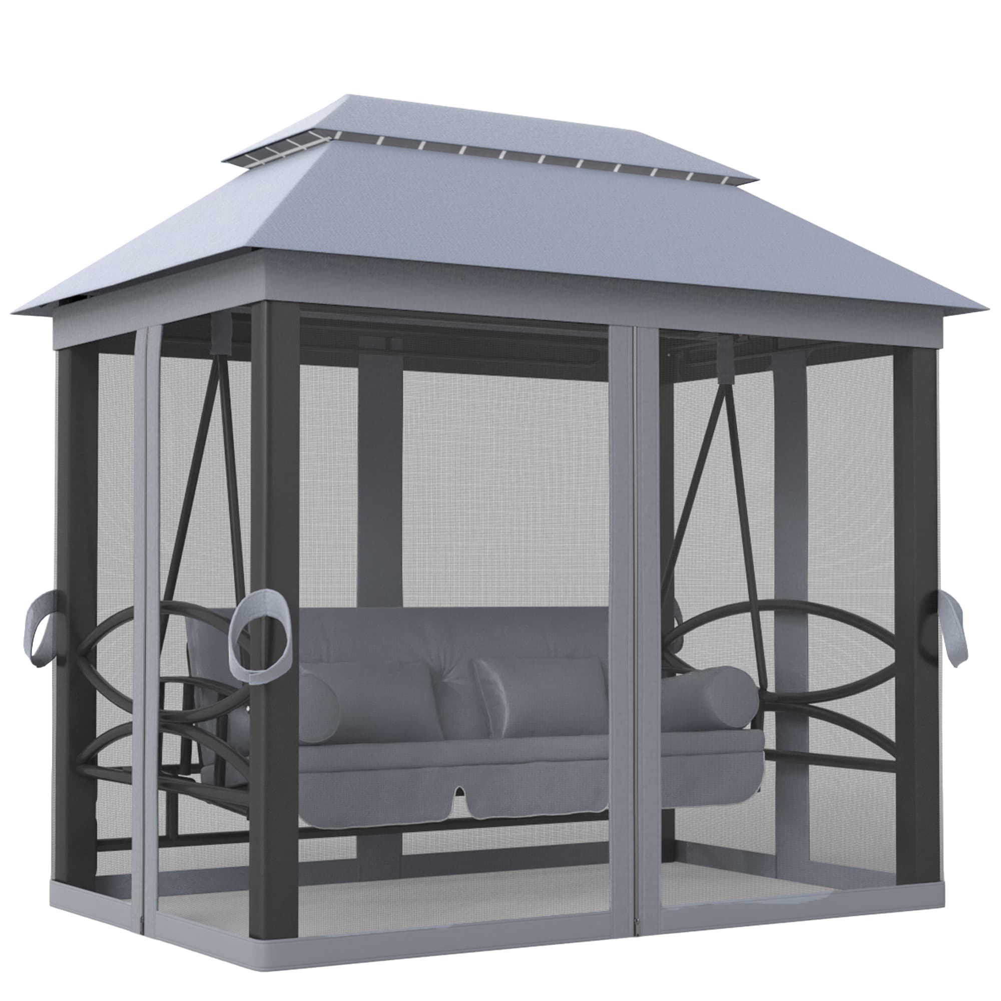 Outsunny 3 Seater Swing Chair Hammock Gazebo Patio Bench Outdoor with Double Tier Canopy, Cushioned Seat, Mesh Sidewalls, Grey | Aosom UK