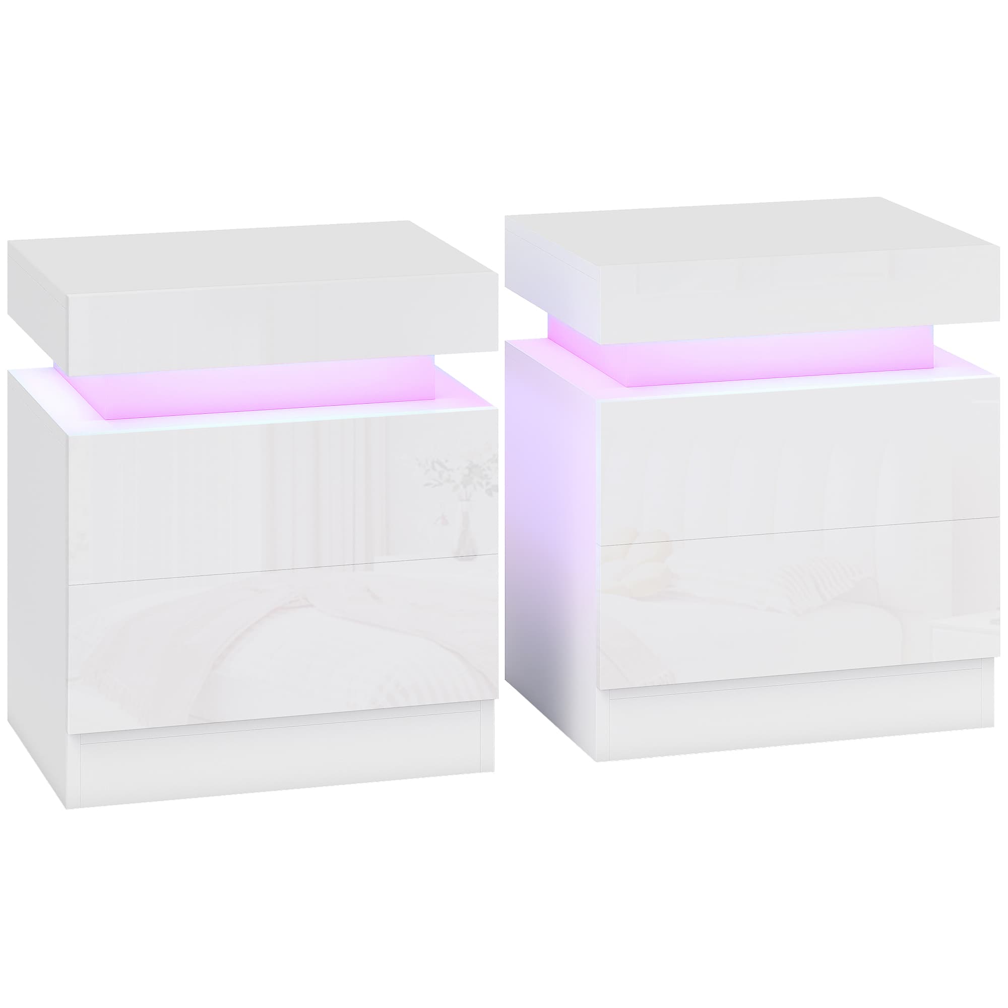 HOMCOM White Bedside Table with LED Light, High Gloss Front Nightstand with 2 Drawers, for Living Room, Bedroom, Set of 2