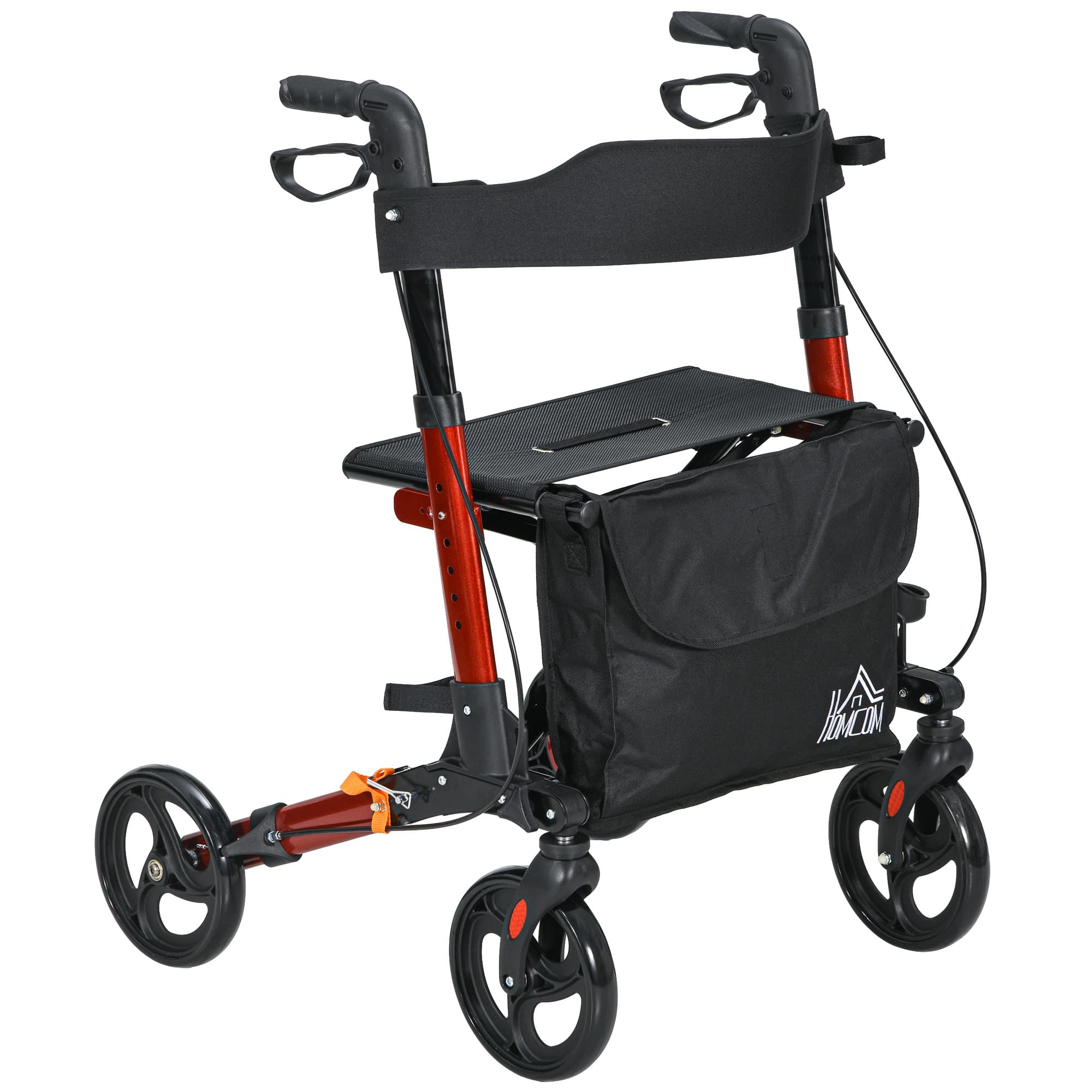 HOMCOM 4 Wheel Rollator with Seat and Back, Folding Mobility Walker with Carry Bag, Adjustable Height, Dual Brakes, Cane Holder, Red | Aosom UK