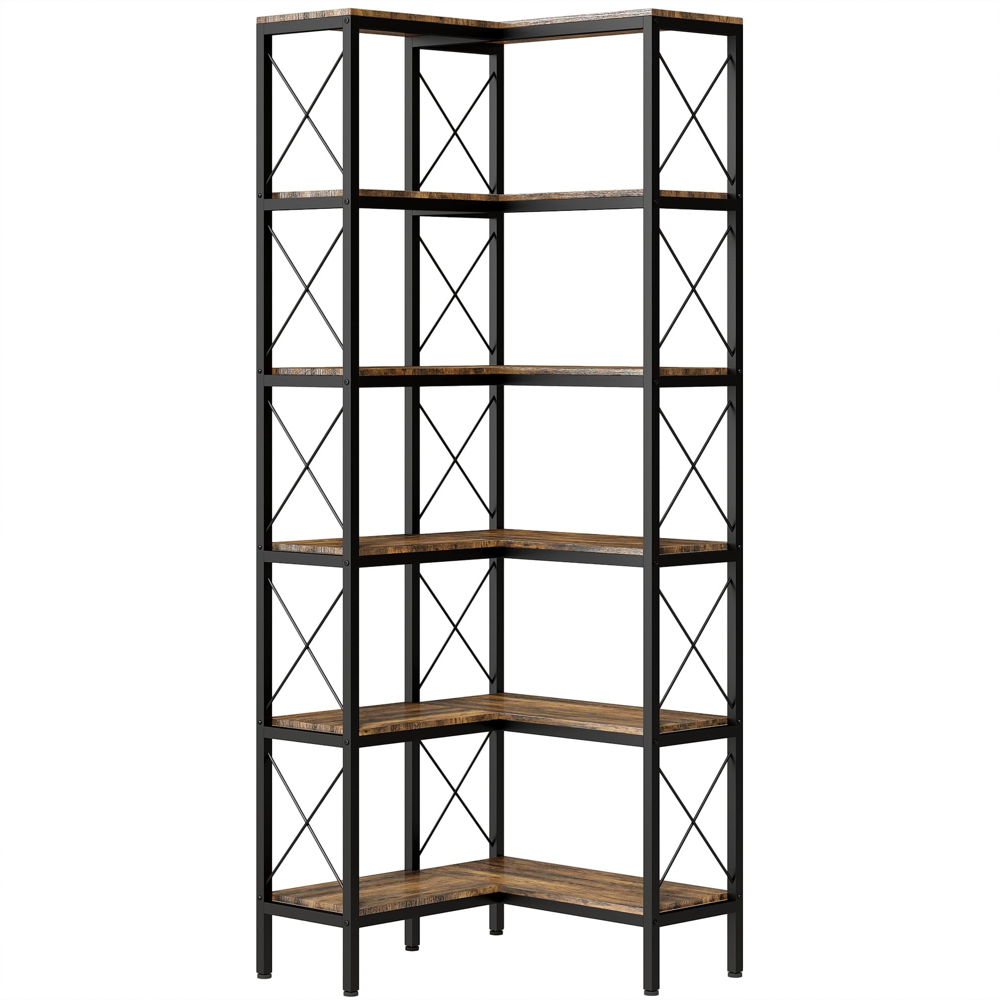 HOMCOM 6-Tier L-Shaped Bookshelf, Freestanding Corner Bookcase with Metal Frame, Rustic Brown thumbnail 2