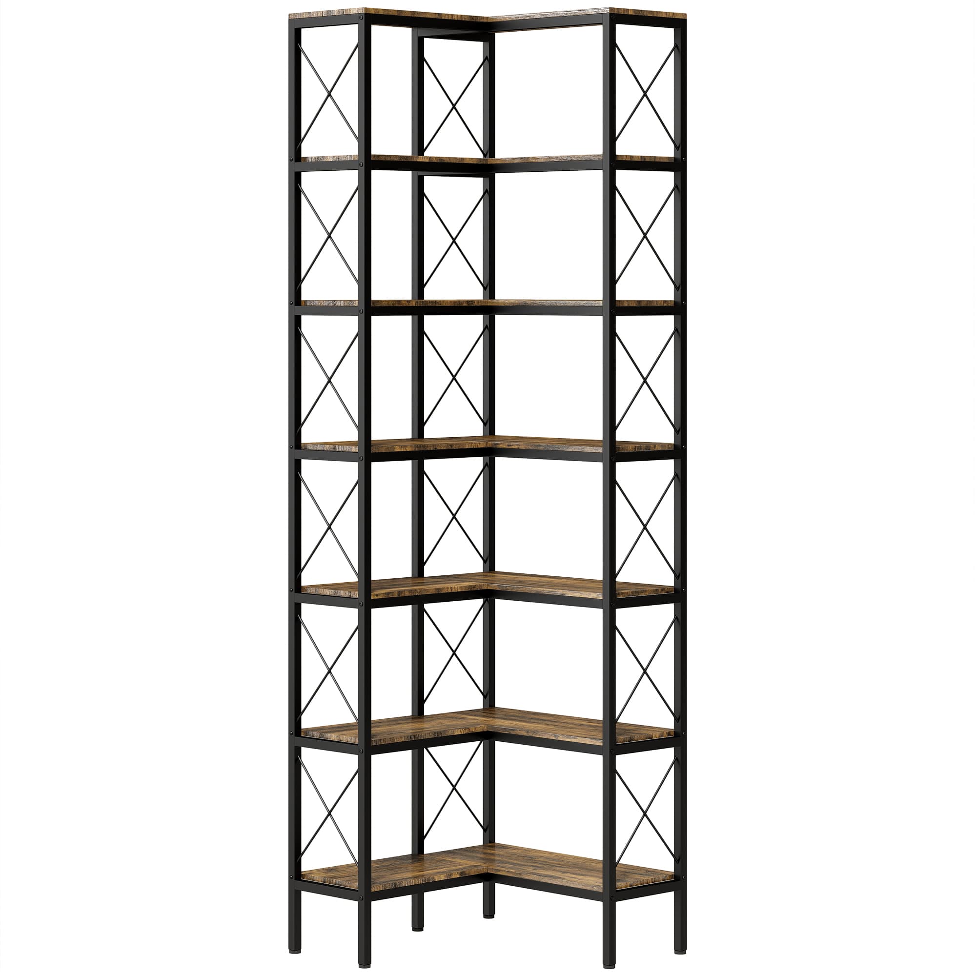HOMCOM 6-Tier L-Shaped Bookshelf, Freestanding Corner Bookcase with Metal Frame, Rustic Brown