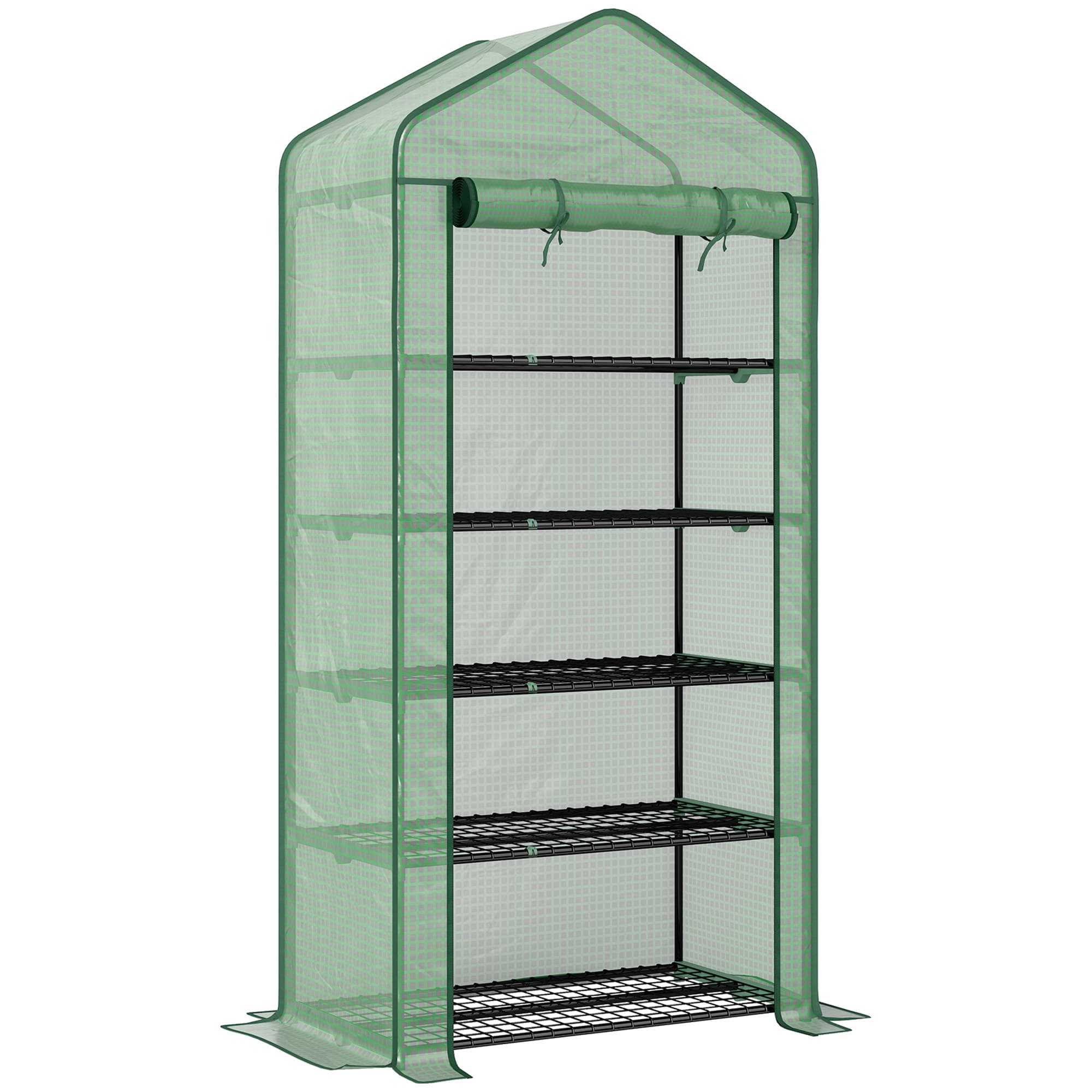 Outsunny Portable Greenhouse: 5-Tier Shelving, Reinforced PE Cover, Roll-up Door, Green | Aosom UK