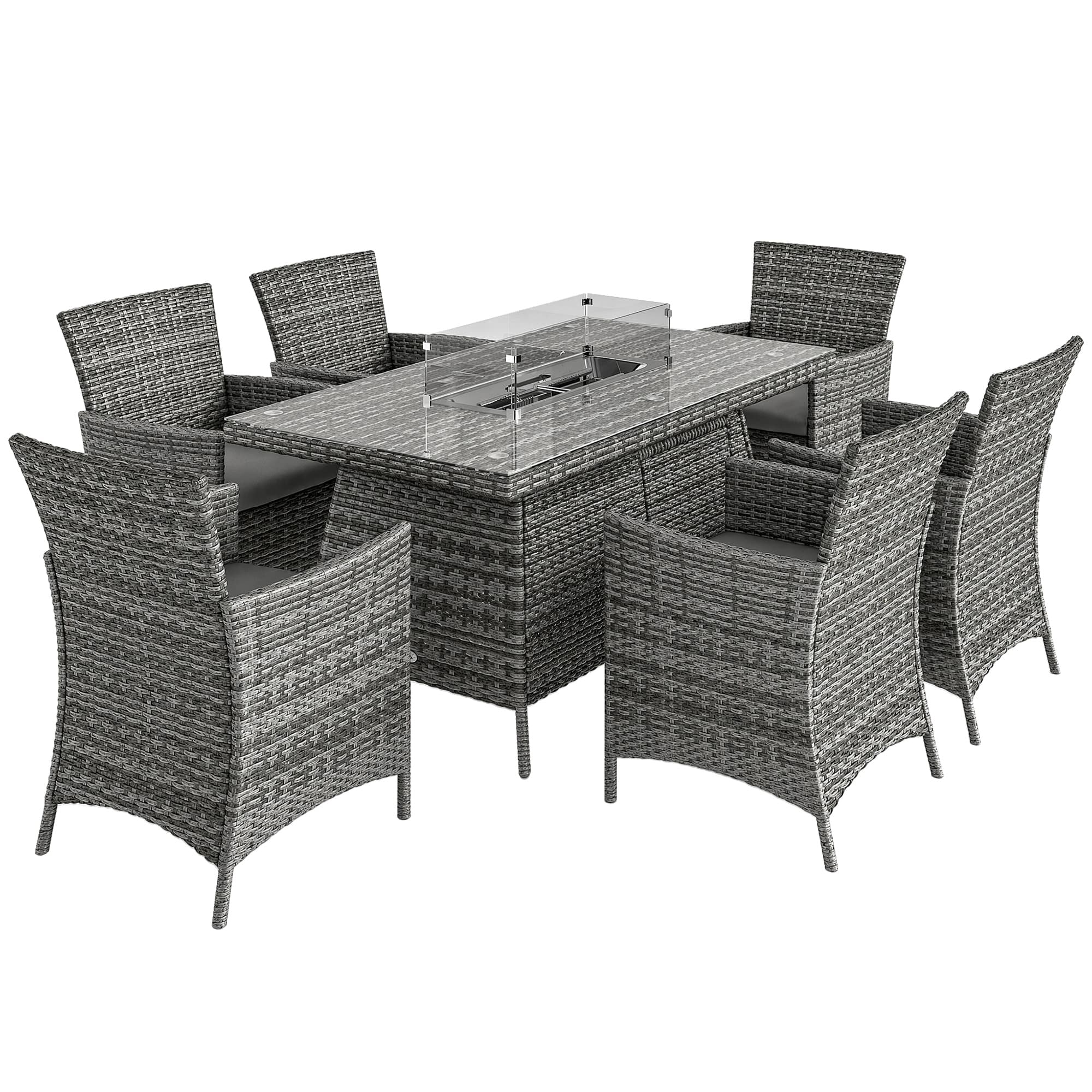 Outsunny 7 Pcs PE Rattan Dining Sets w/ Fire Pit Table, Garden Dining Set w/ Heater Table, Armchairs w/ Cushions, Glass Windscreen, 50,000 BTU, Grey