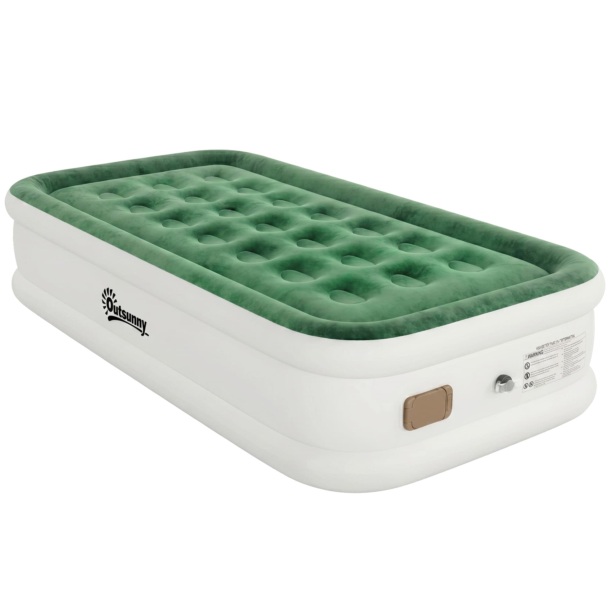 Outsunny Inflatable Mattress, Single Air Bed with Built-in Electric Pump, 3 Mins Inflation, Flocked Surface, Dark Green