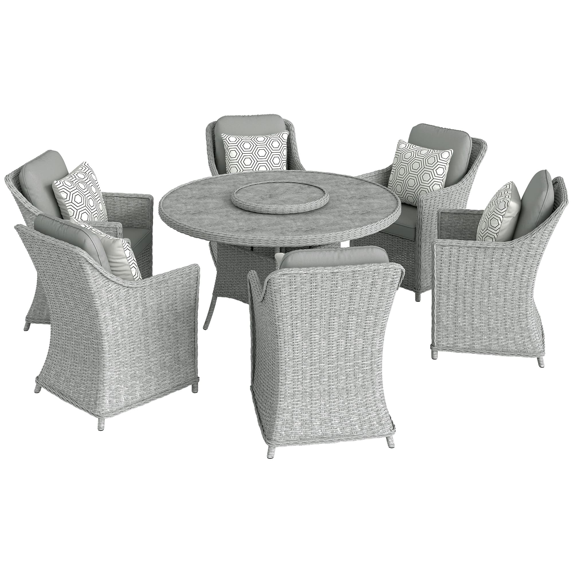 Outsunny Rattan Dining Set with Marble Effect Glass Table Rattan Table and Chairs with 52cm Turntable and High Density Cushions, Grey | Asosom UK