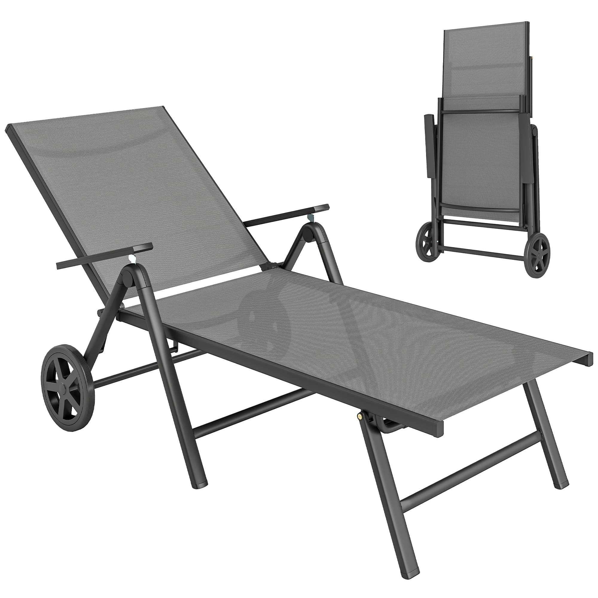 Outsunny Folding Sun Lounger with Wheels, 5-Position Adjustable Garden Chaise Lounge Sunbed with Armrests, Metal Frame Outdoor Portable Reclining Chair for Beach, Porch, Grey