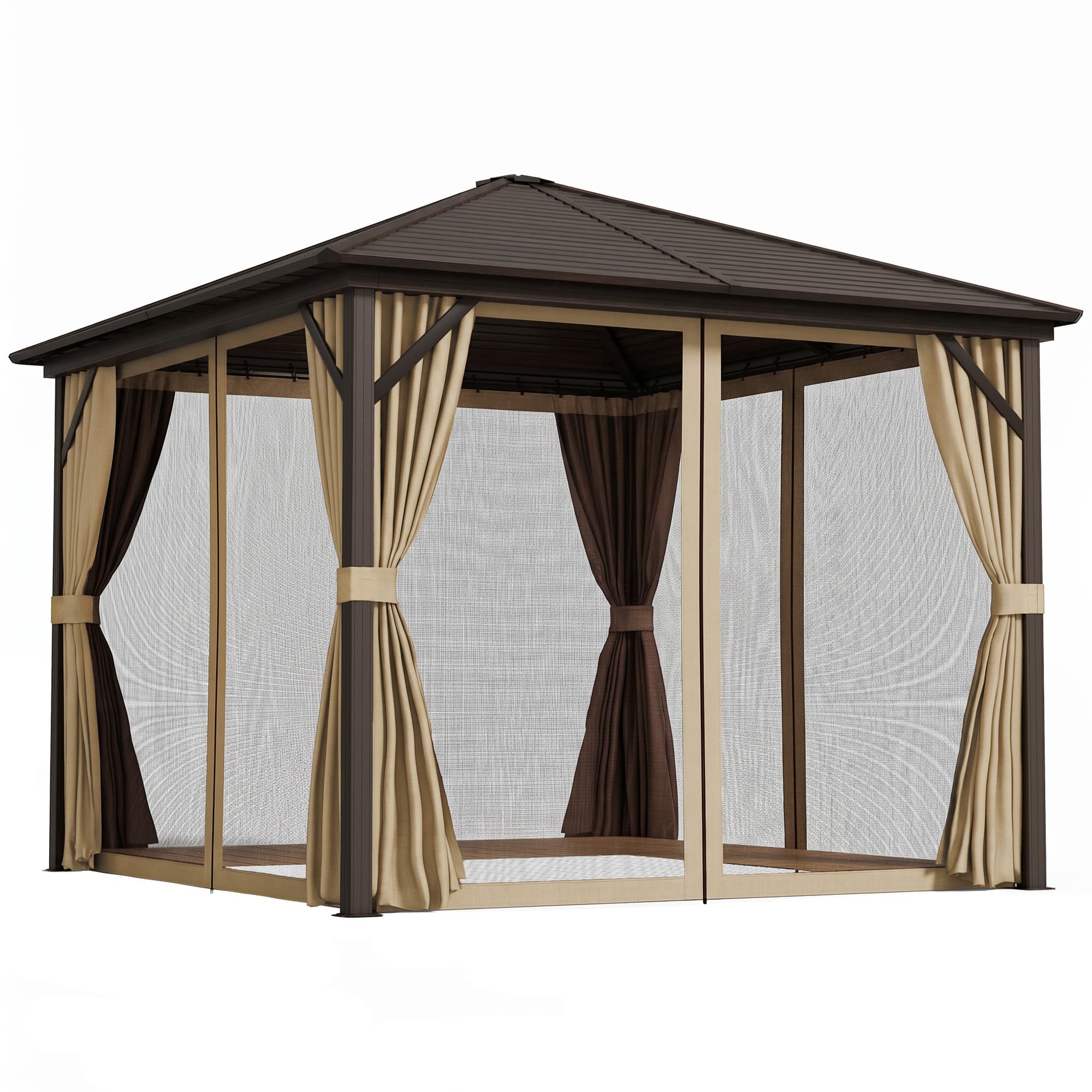 Outsunny 3 x 3(m) Metal Hardtop Gazebo, with Curtains and Accessories - Brown