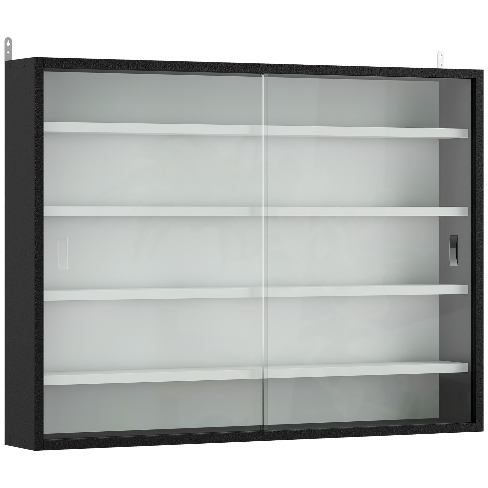 HOMCOM 5-Tier Wall Display Cabinet,  Wall Mounted Display Case w/ 4 Adjustable Shelves, Glass Doors, 60x80cm, Black and White