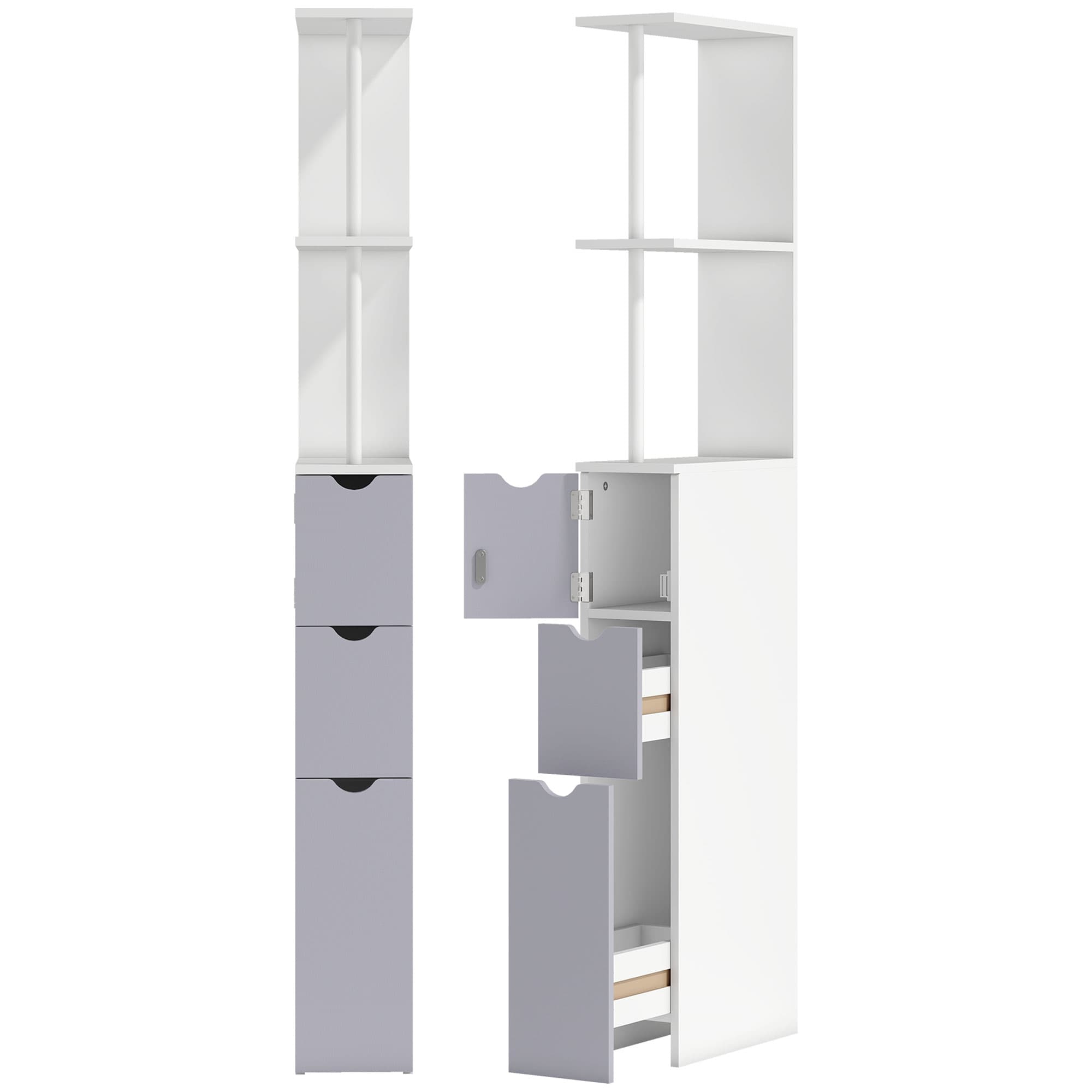HOMCOM Slimline Bathroom Storage Free-Standing Bathroom Cabinet Unit Tall Shelf Toilet Tissue Cupboard w/Drawers - Grey and White | Aosom UK