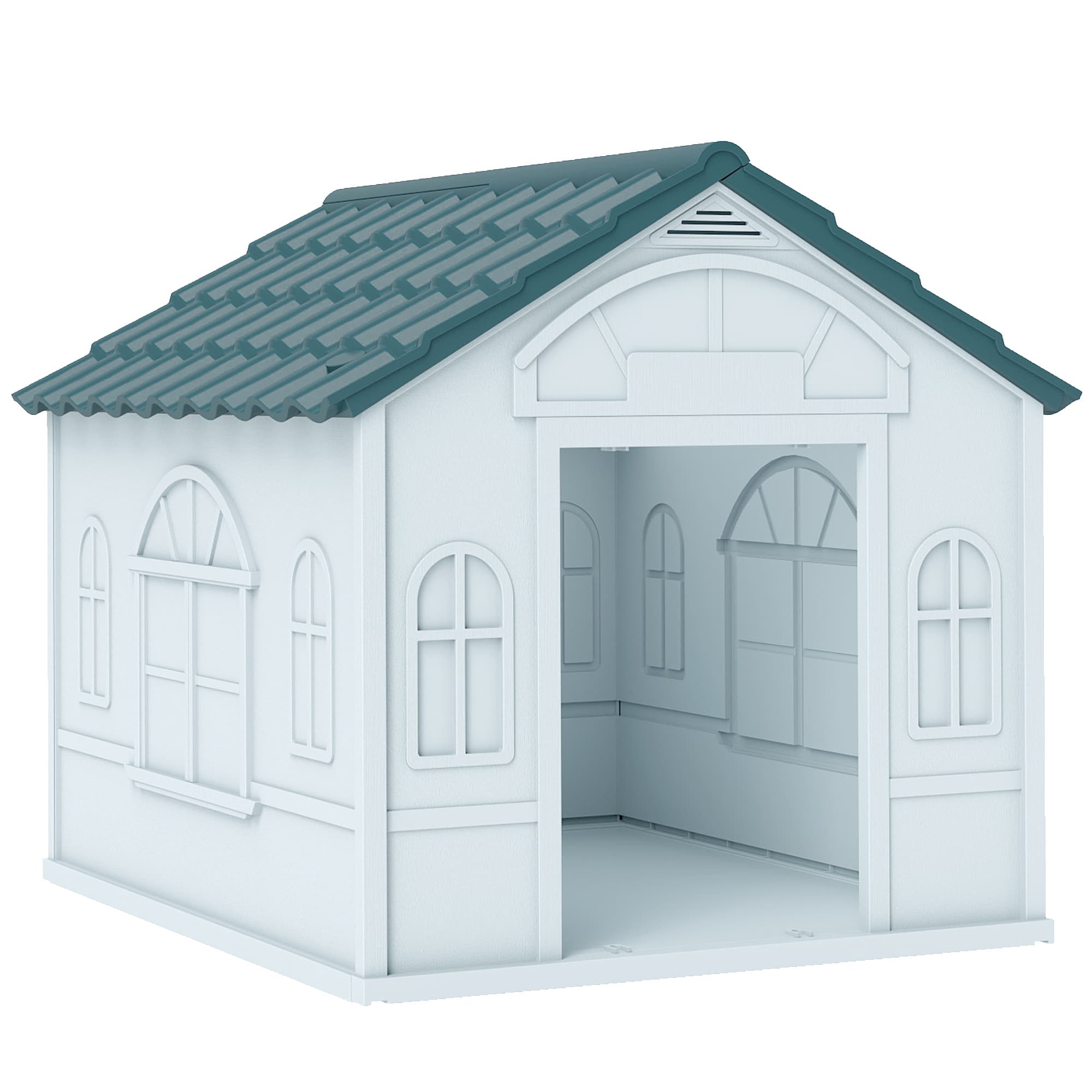PawHut Durable Dog Kennel Weather-Resistant Plastic Pet House for Indoor & Outdoor Use, Medium Size, White and Blue | Aosom UK