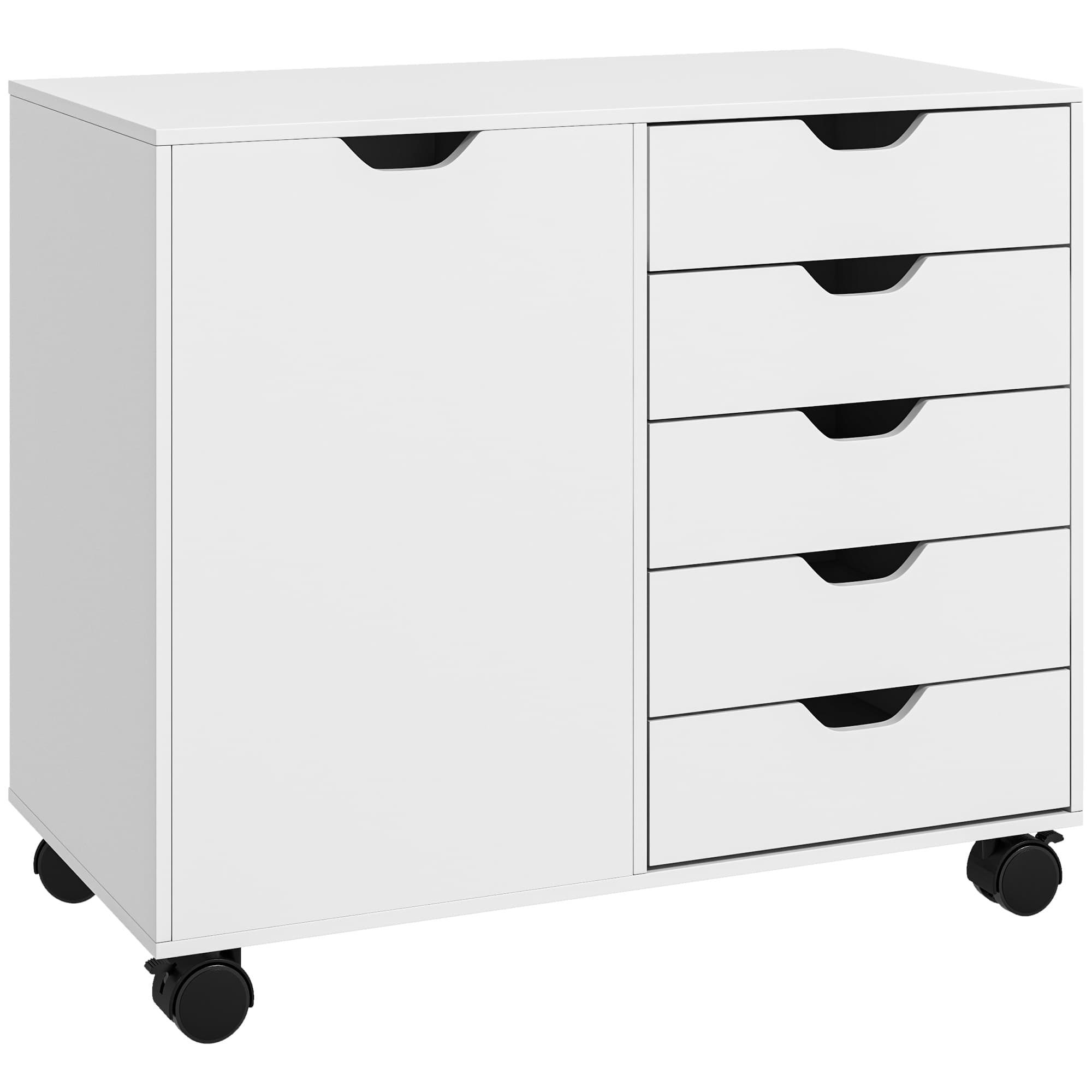 HOMCOM Mobile Filing Cabinet with 5 Drawers, Door and Adjustable Shelf, Rolling File Cabinet, Printer Table for Study | Aosom UK