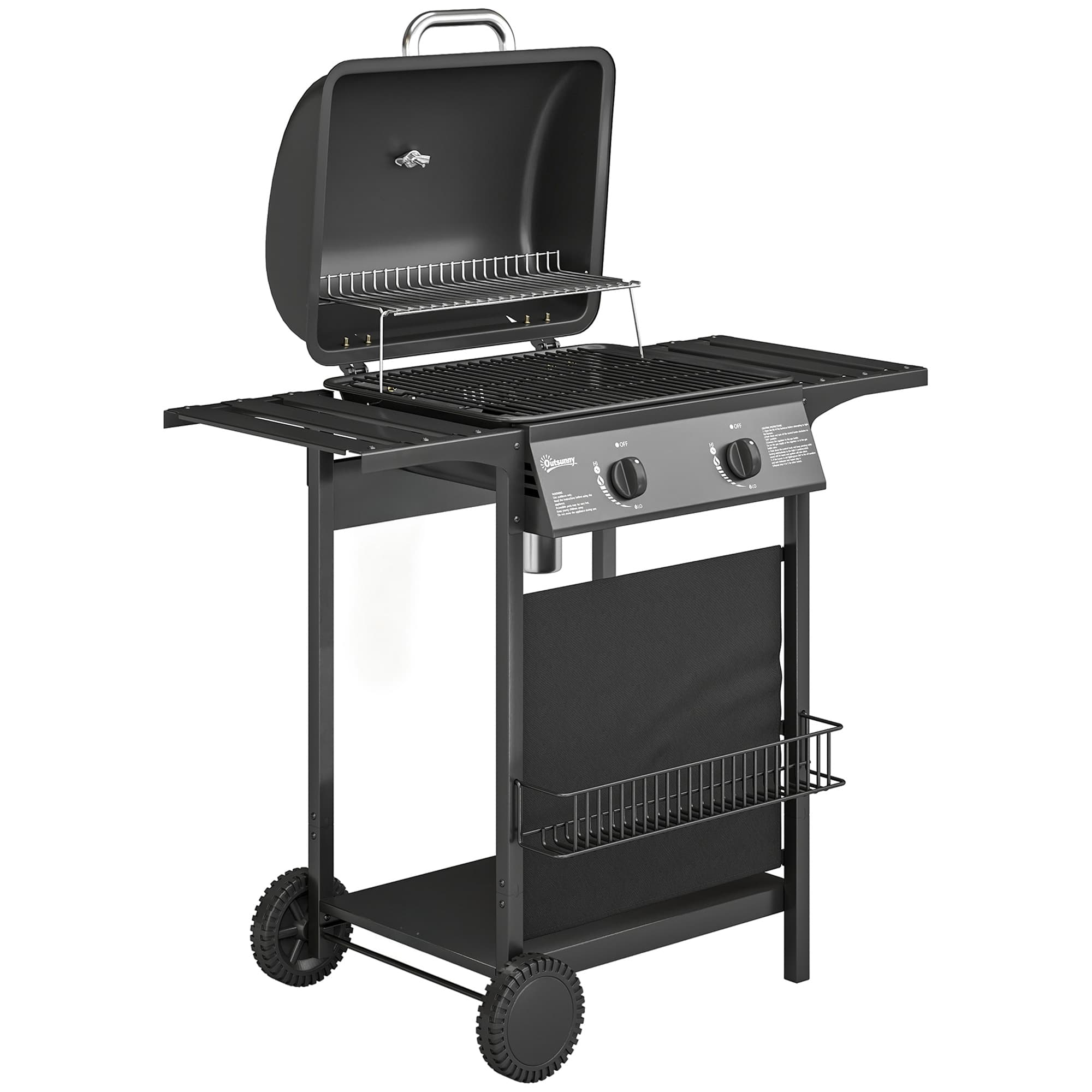 Outsunny Gas Burner Barbecue Grill, 2 Burner Gas Grill with Side Tables, Warming Rack, Shelf, Thermometer, Grease Tray, Black