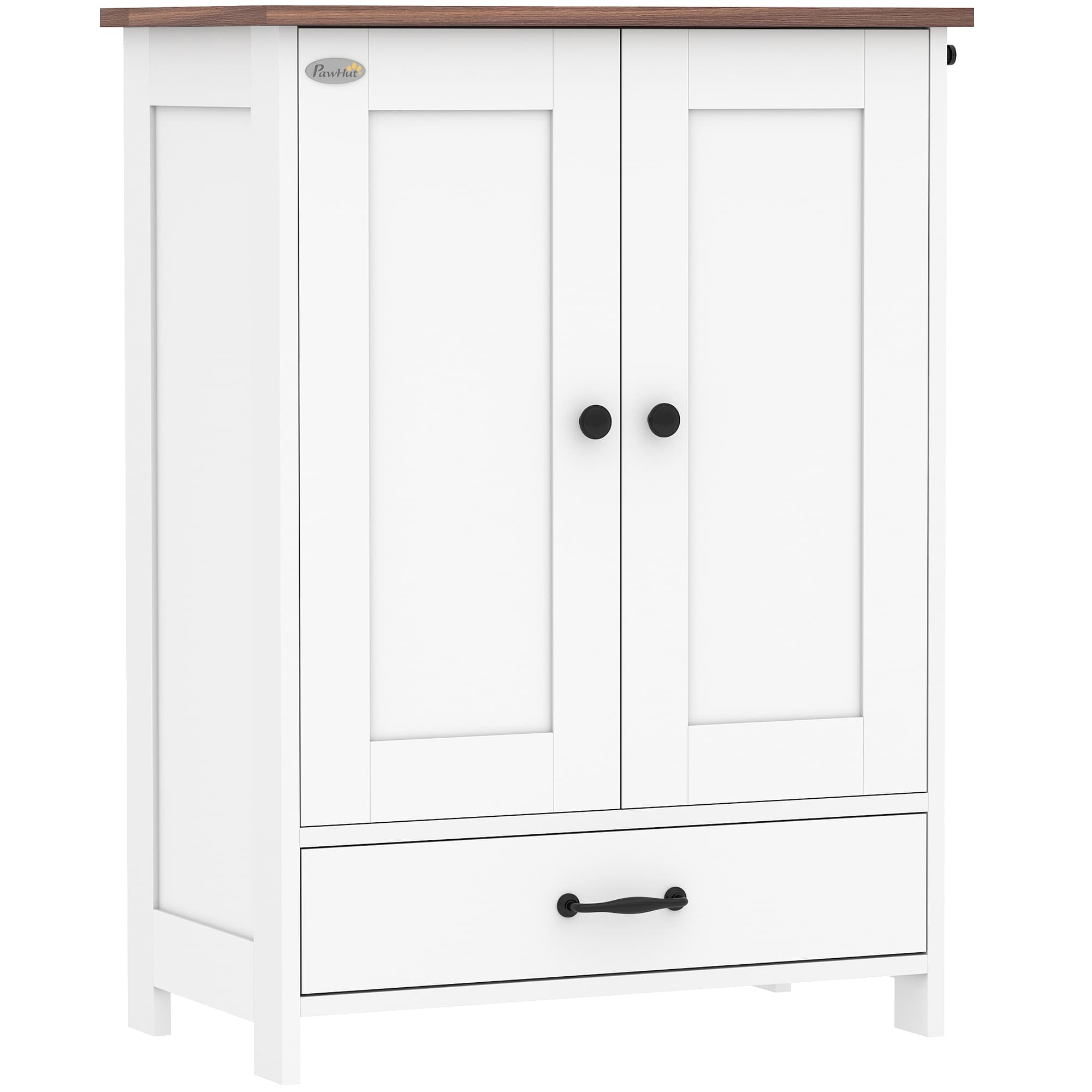 PawHut Pet Feeding Station with Raised Dog Bowls, Adjustable Panel, Hooks, Dog Food Storage Cabinet, White