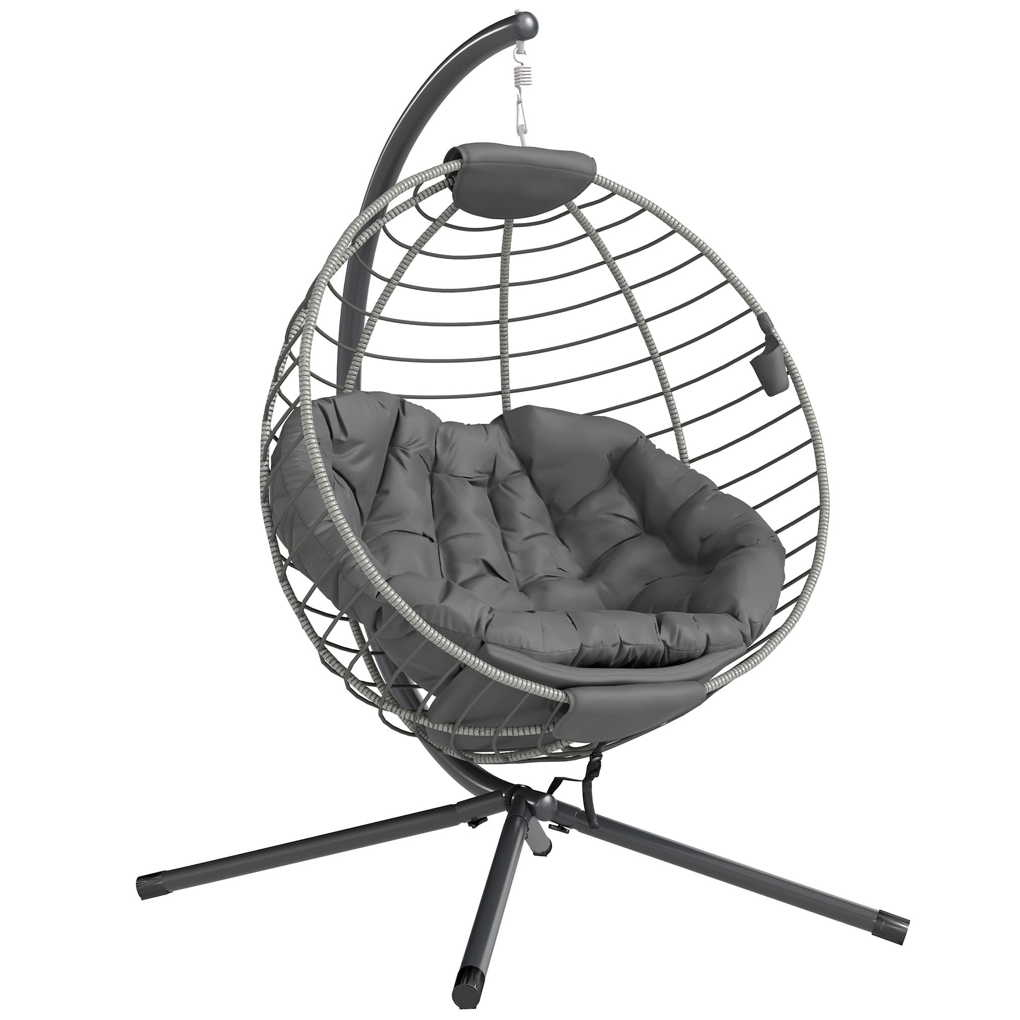 Outsunny Rattan Relaxation: Outdoor Hanging Chair with Stand, Padded Cushion, Foldable, Cup Holder, Greystone